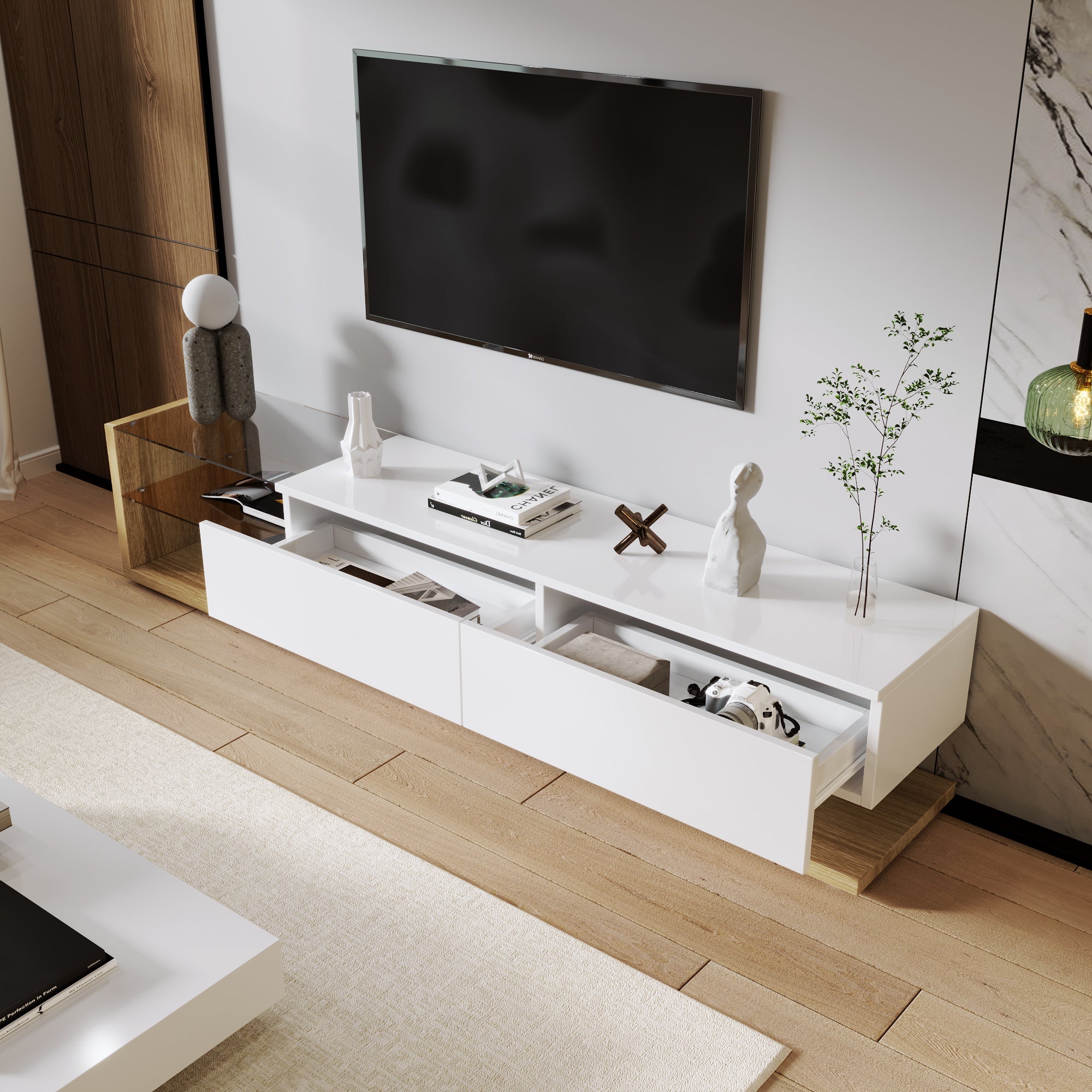 Logidon TV-meubel lowboard 170 cm wit houtlook met LED glaspanelen