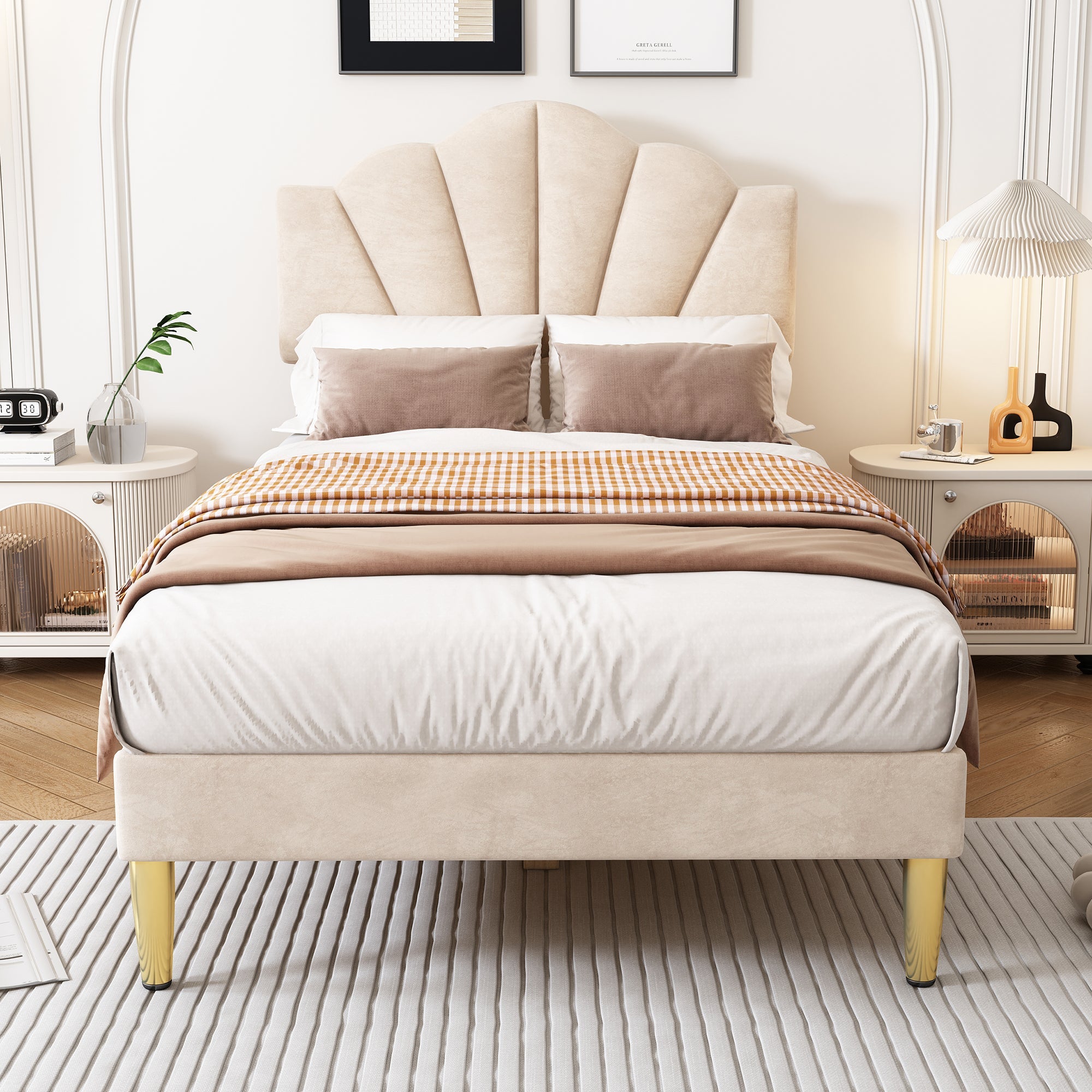 Logidon Velvet Bed 90x200 Beige Shell Shape Adjustable Headboard