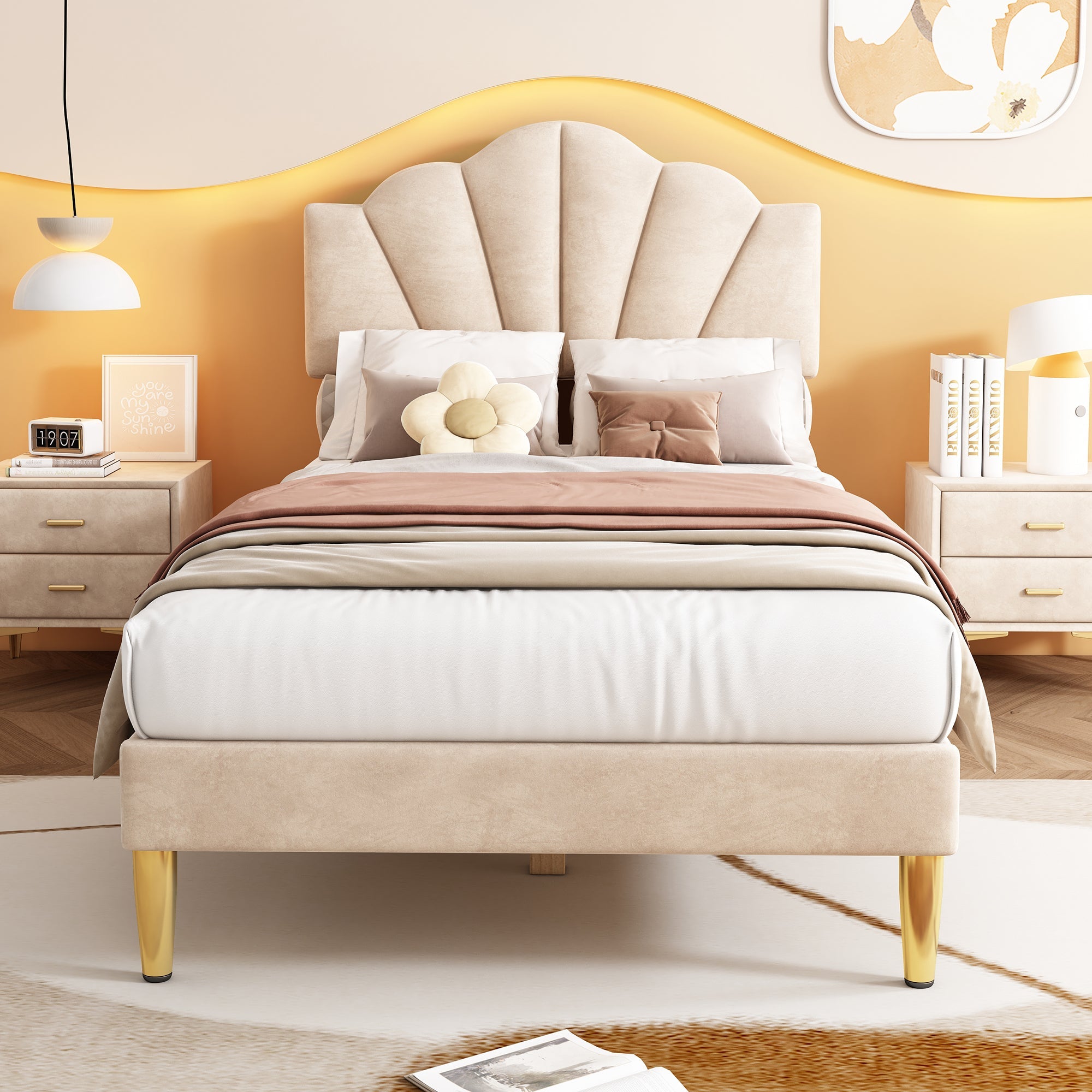 Logidon Velvet Bed 90x200 Beige Shell Shape Adjustable Headboard