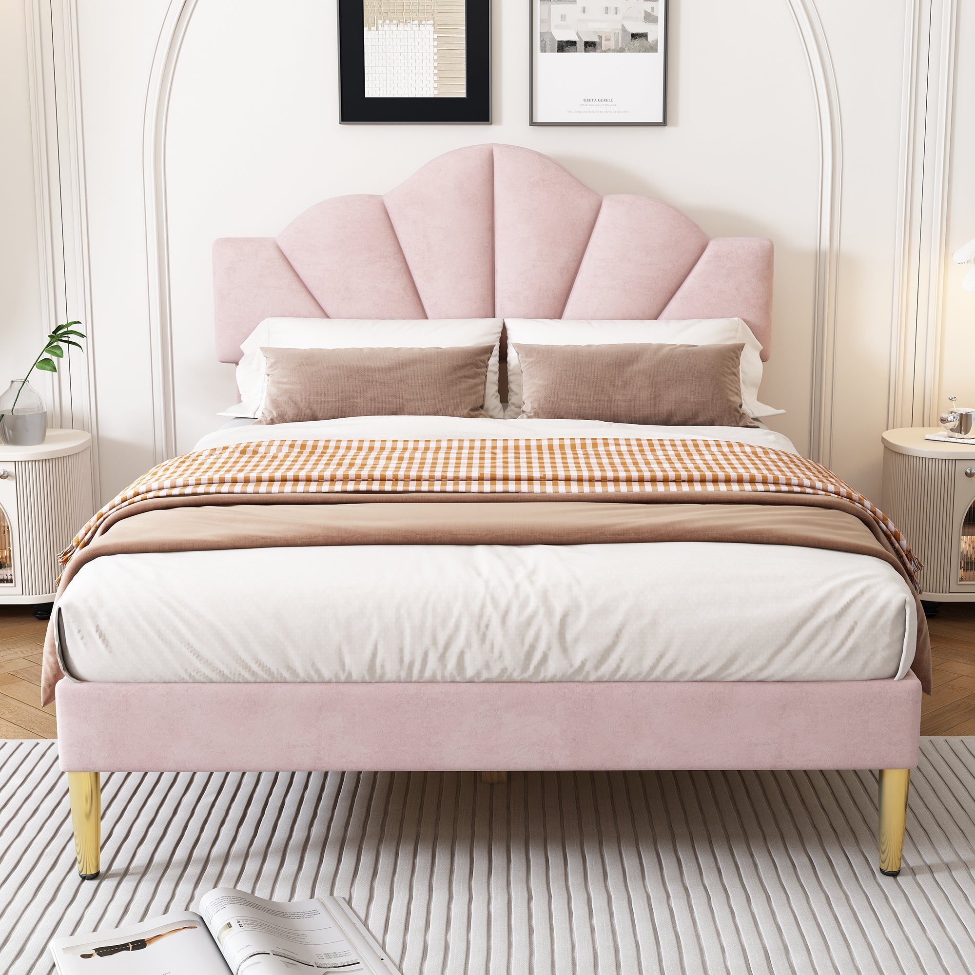 Logidon fluweel gestoffeerd bed roze 140x200 cm met schelpvormig hoofdbord