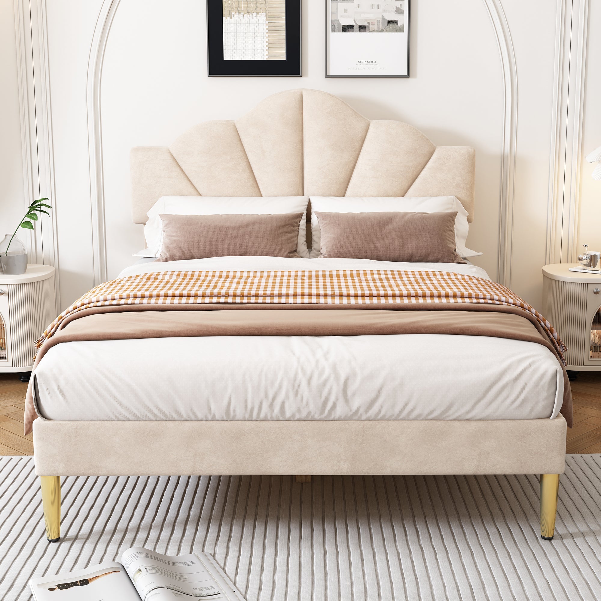 Logidon fluweel gestoffeerd bed 140x200 cm schaalontwerp goudpootjes beige