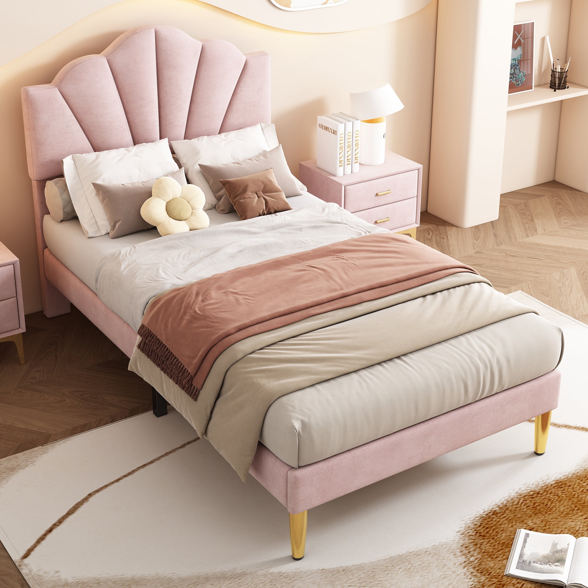 Logidon fluweel gestoffeerd bed 90x200 roze, verstelbaar hoofdeinde