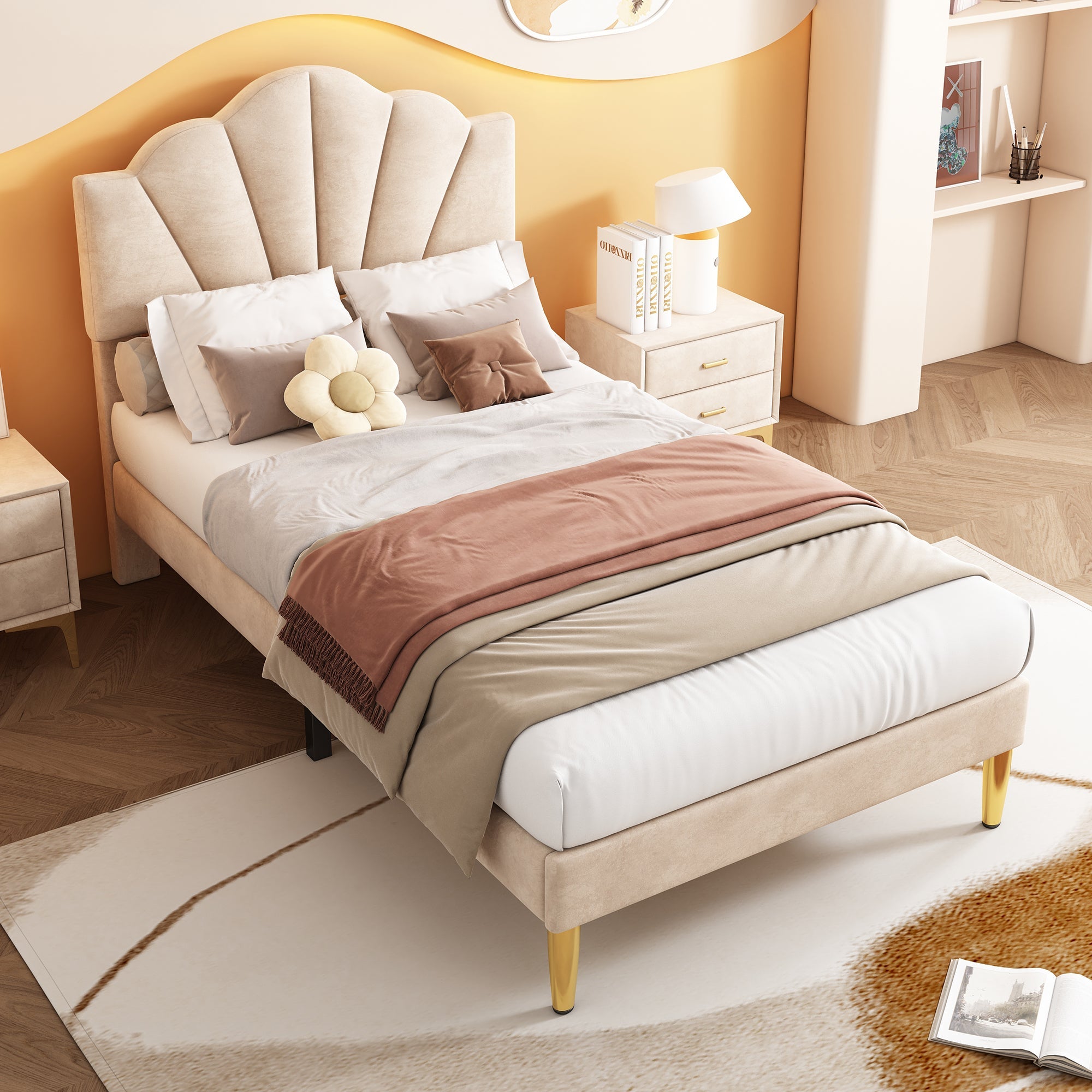 Logidon Velvet Bed 90x200 Beige Shell Shape Adjustable Headboard