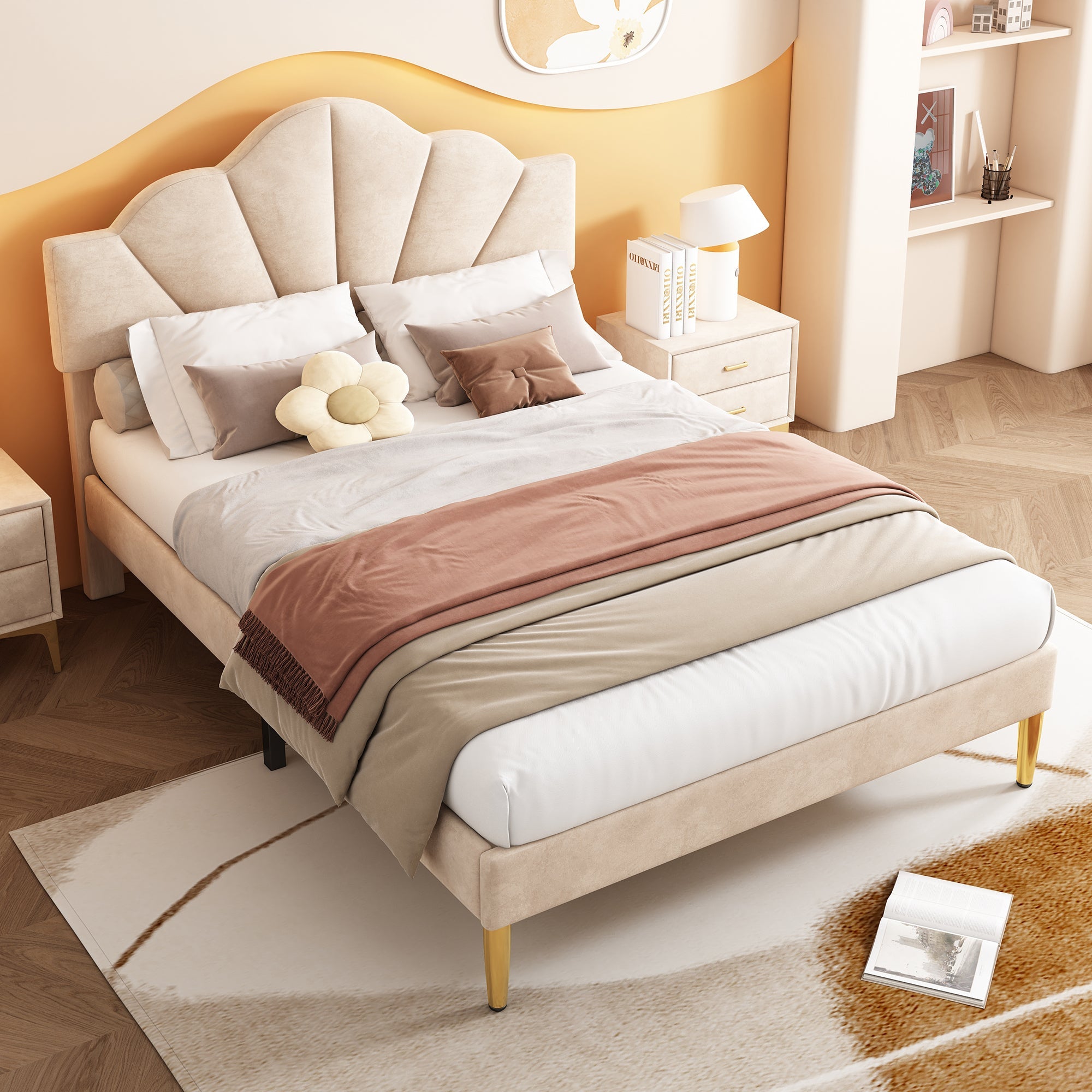Logidon fluweel gestoffeerd bed 140x200 cm schaalontwerp goudpootjes beige