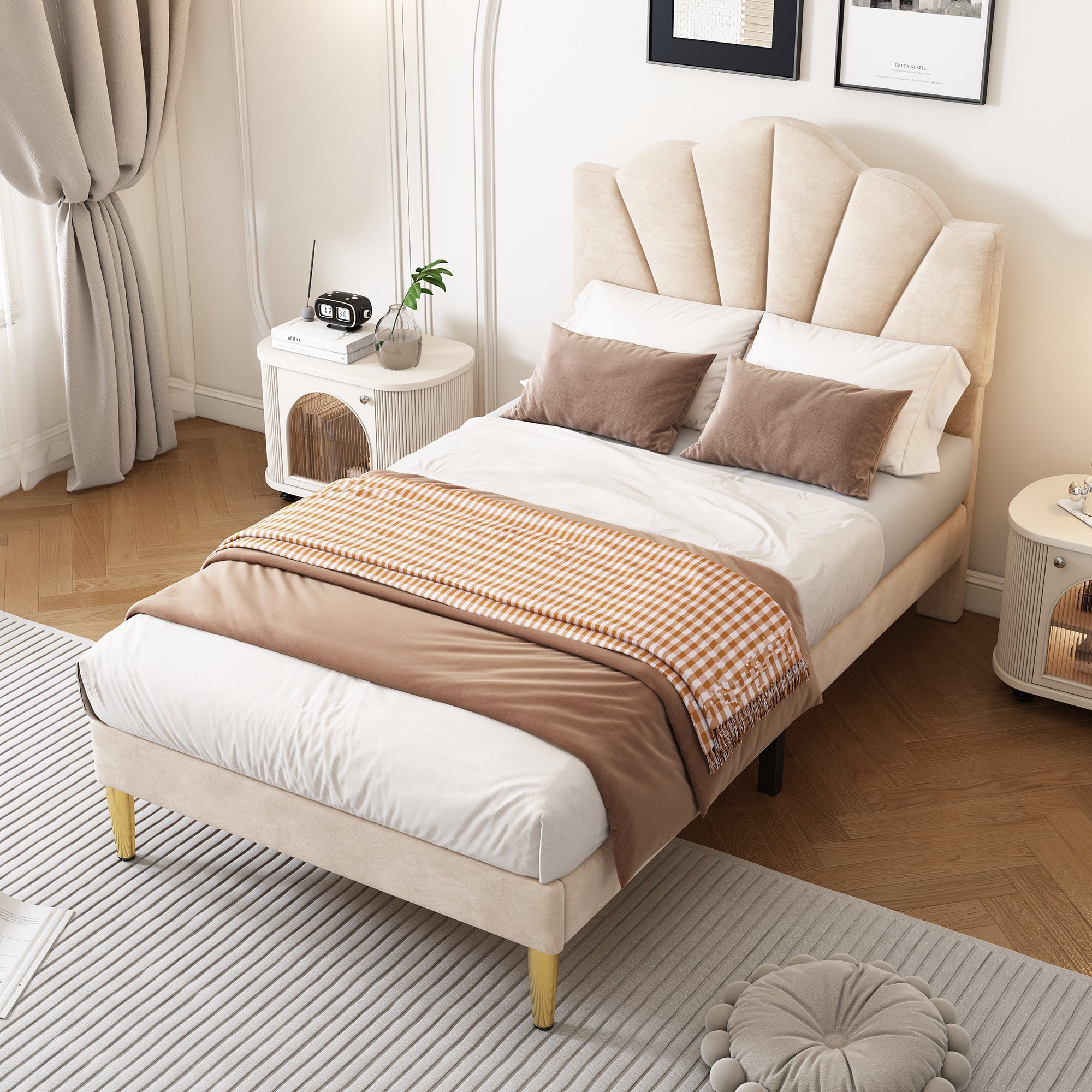 Logidon Velvet Bed 90x200 Beige Shell Shape Adjustable Headboard