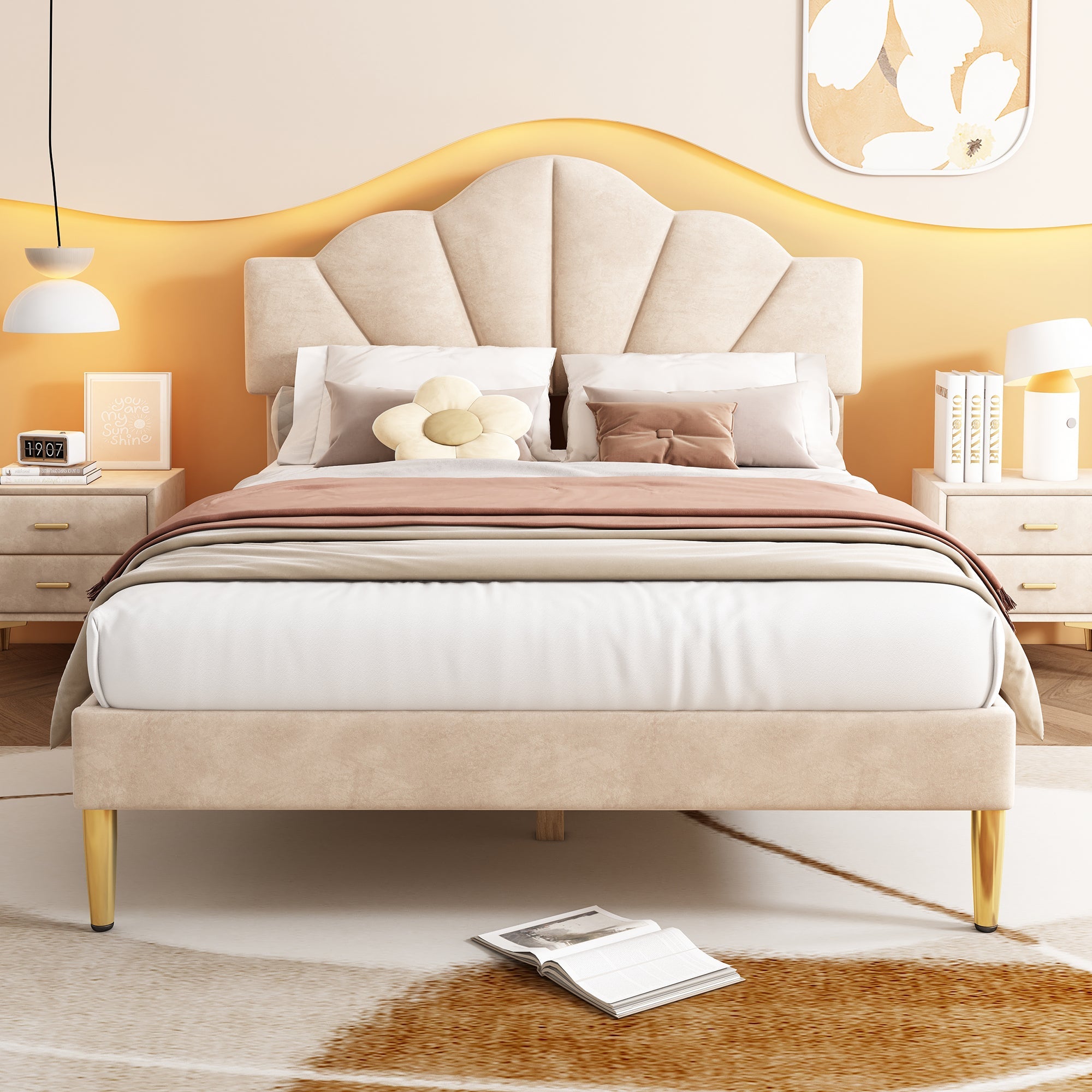 Logidon fluweel gestoffeerd bed 140x200 cm schaalontwerp goudpootjes beige