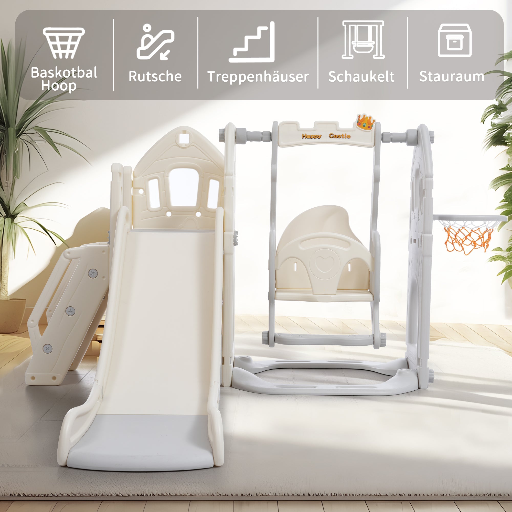 Logidon Kinderglijbaanset met schommel 5-in-1 Antiekgrijs Binnen