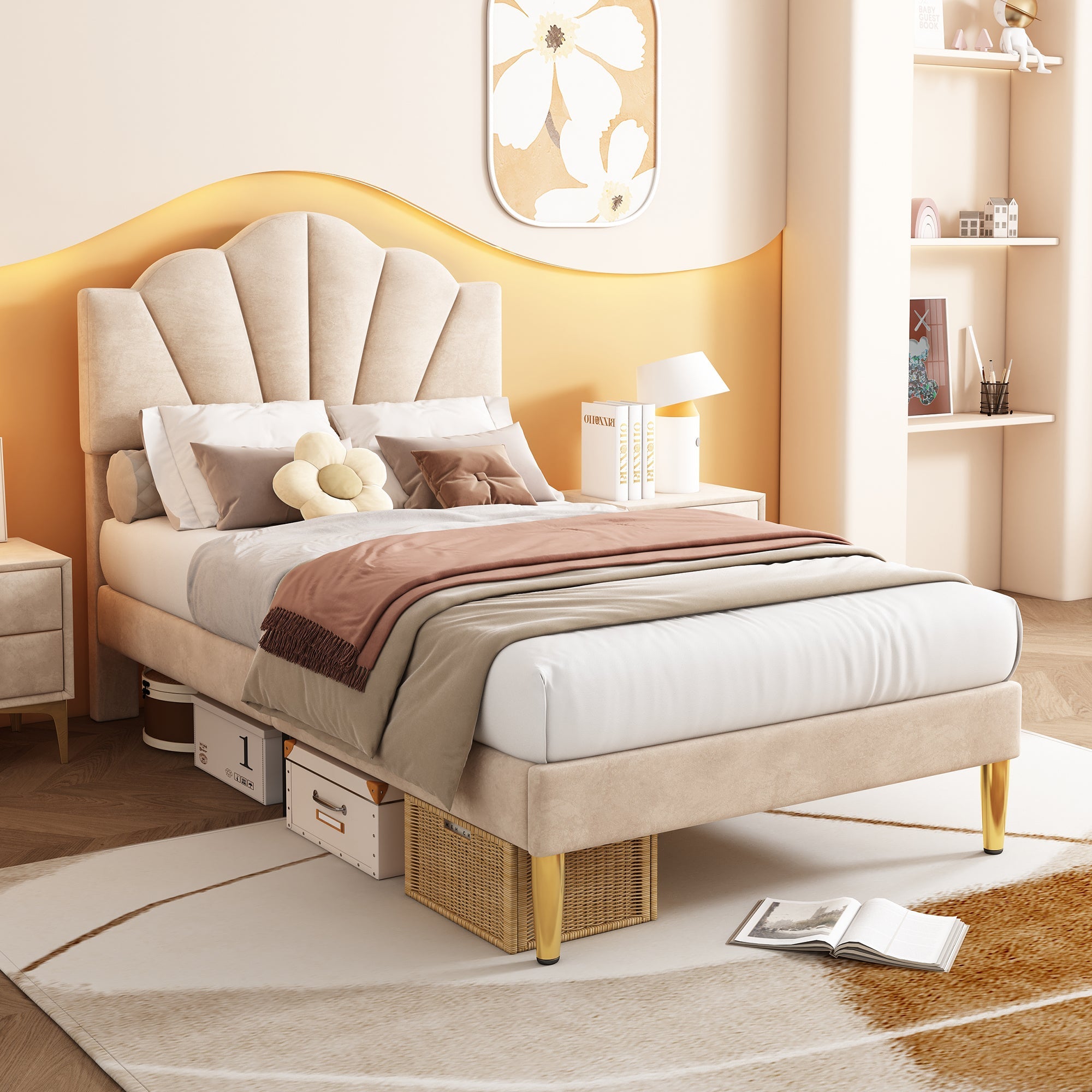 Logidon Velvet Bed 90x200 Beige Shell Shape Adjustable Headboard