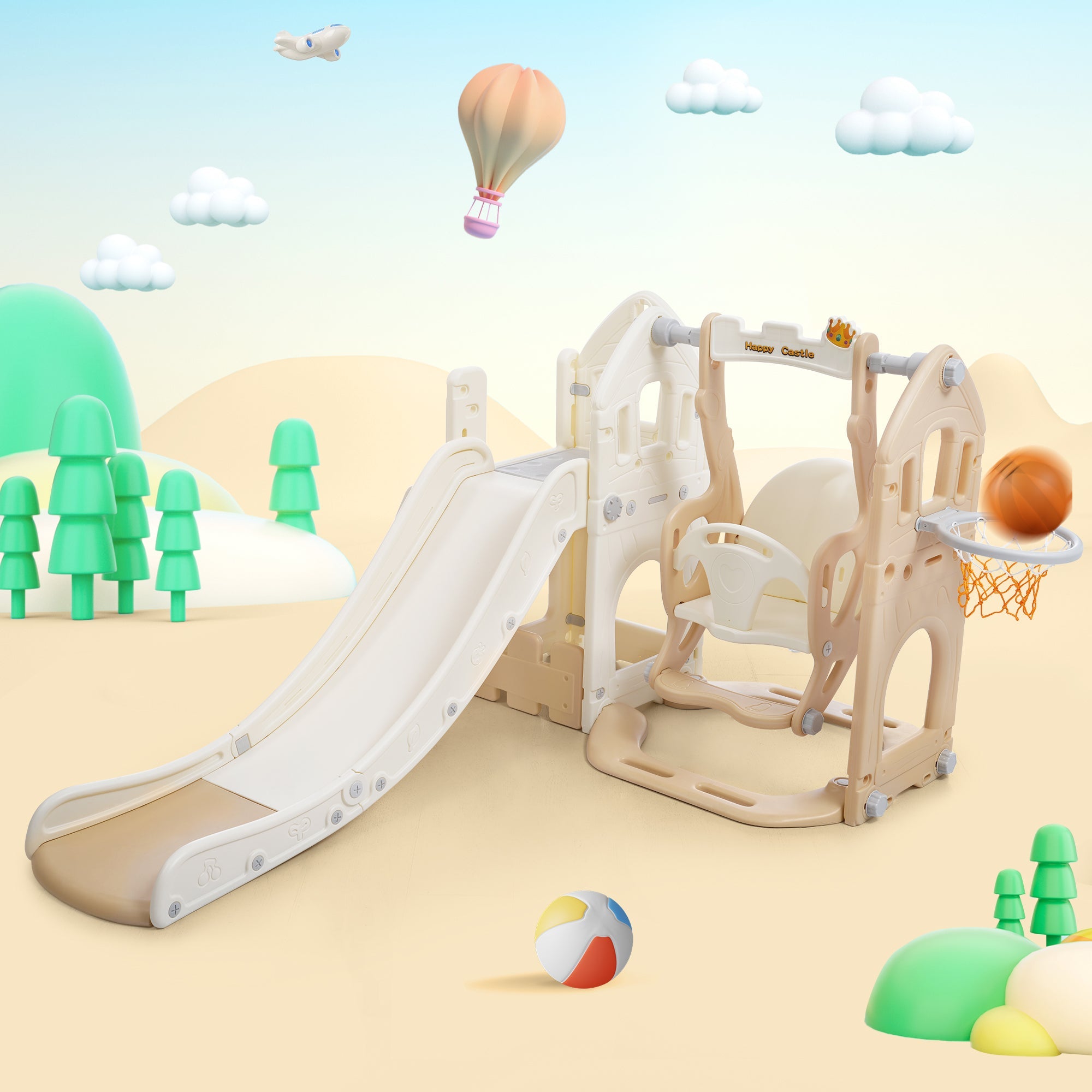 Logidon 5-in-1 kinderglijbaanset bruin wit indoorplezier