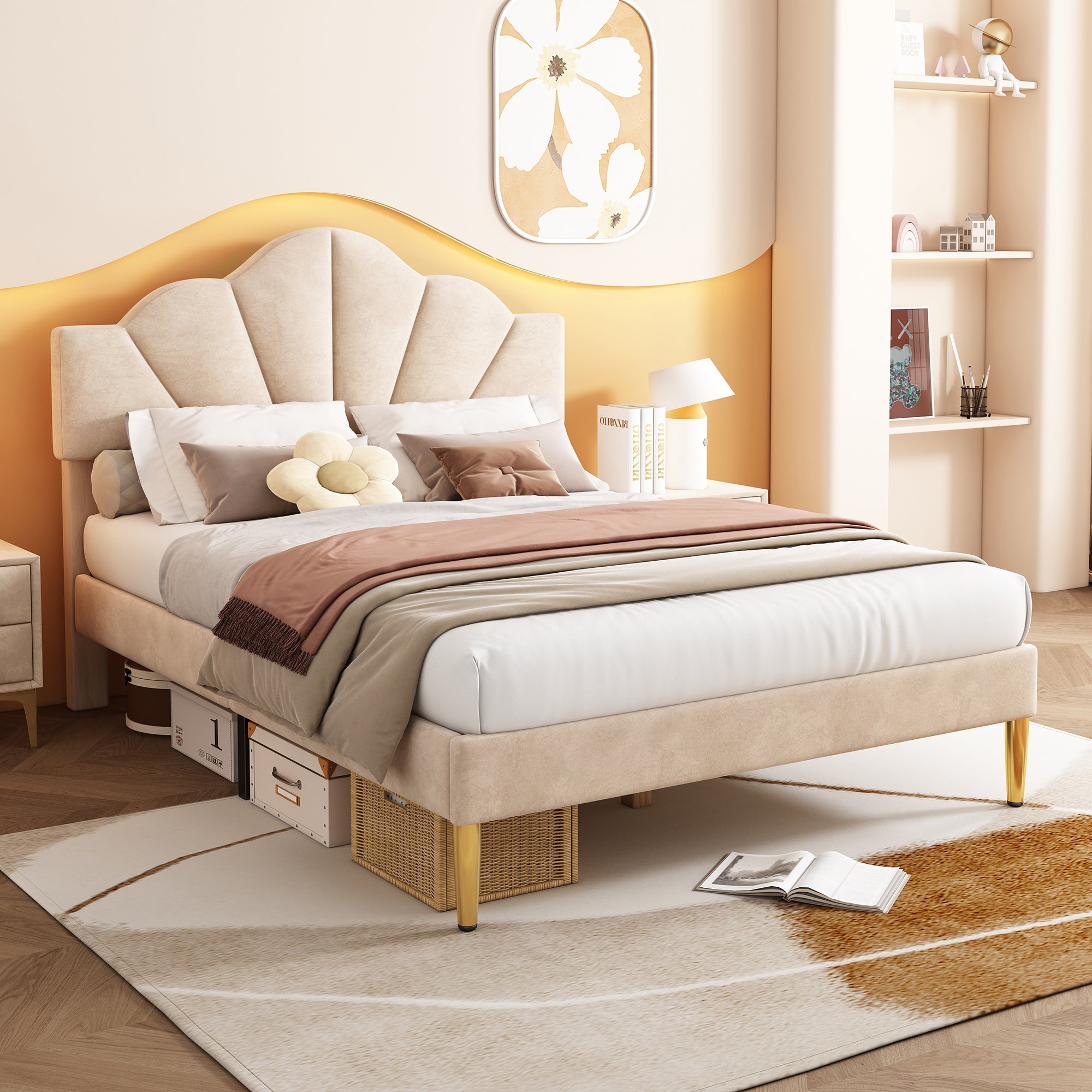 Logidon fluweel gestoffeerd bed 140x200 cm schaalontwerp goudpootjes beige