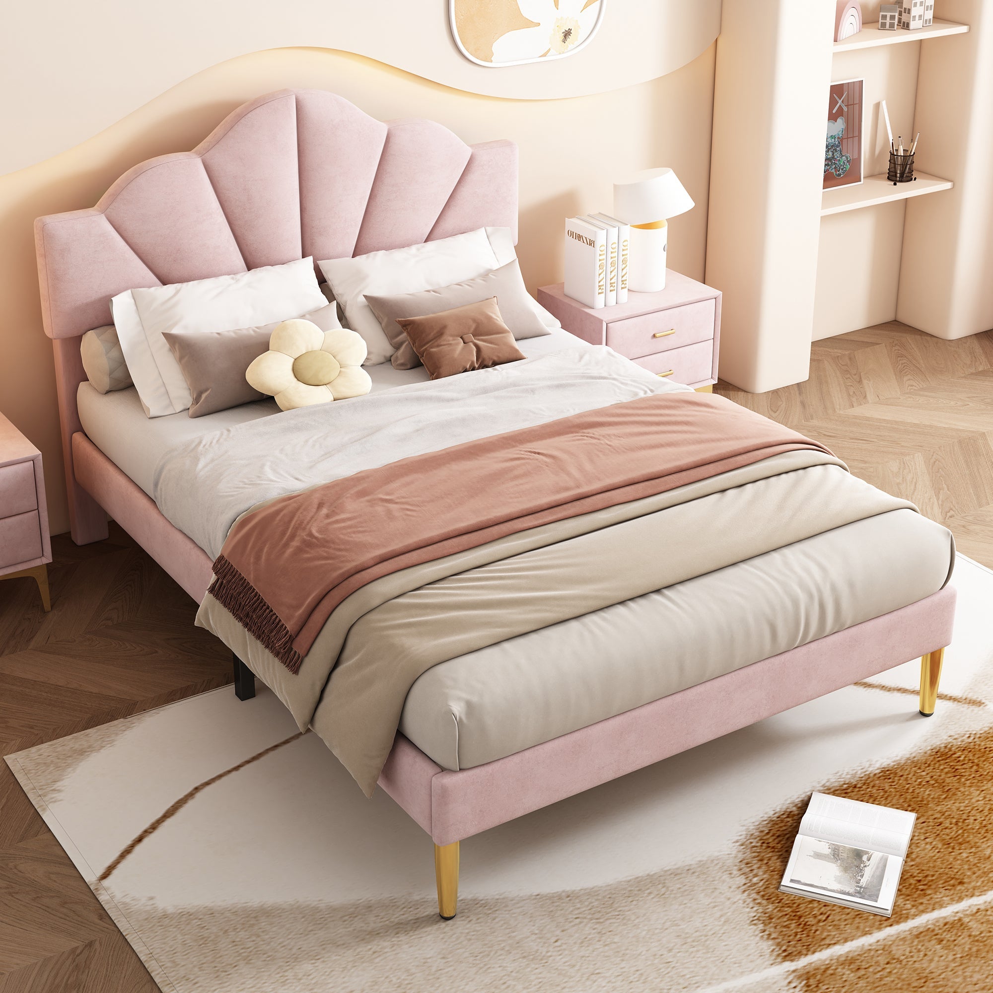 Logidon velor bed 140x190 cm pink - shell headboard, gold feet
