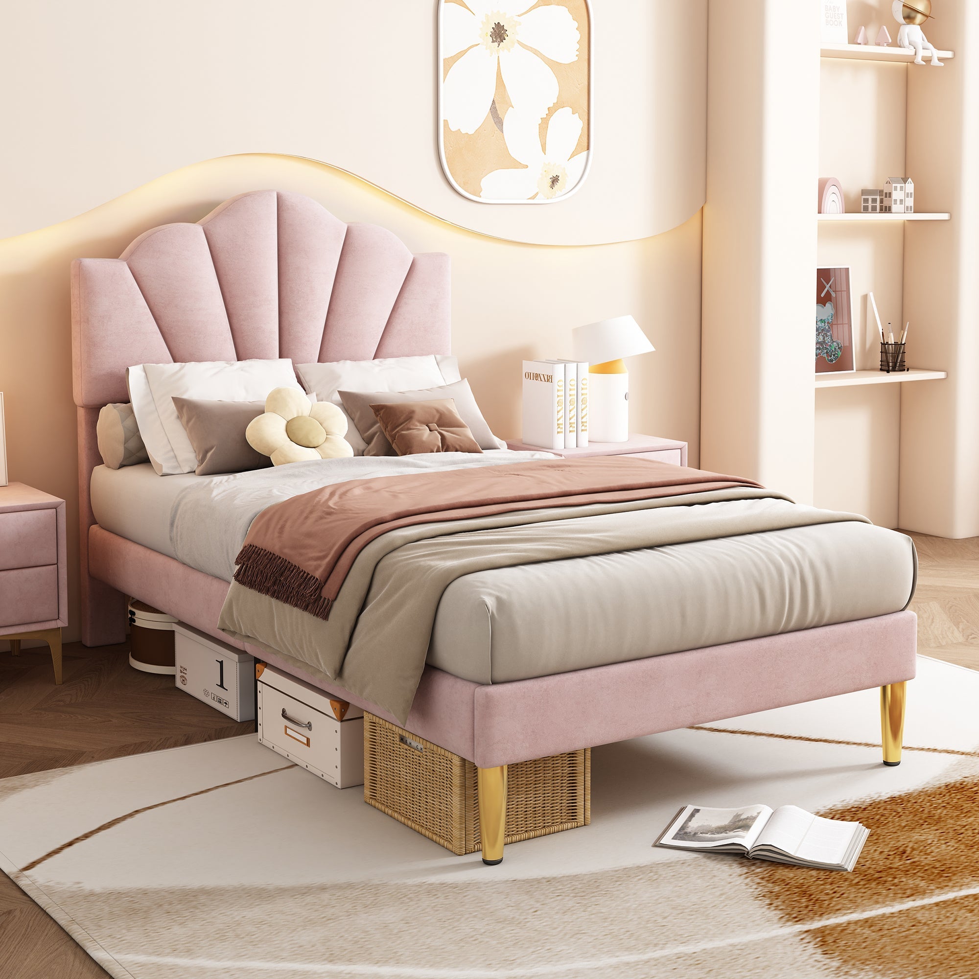 Logidon fluweel gestoffeerd bed 90x200 roze, verstelbaar hoofdeinde