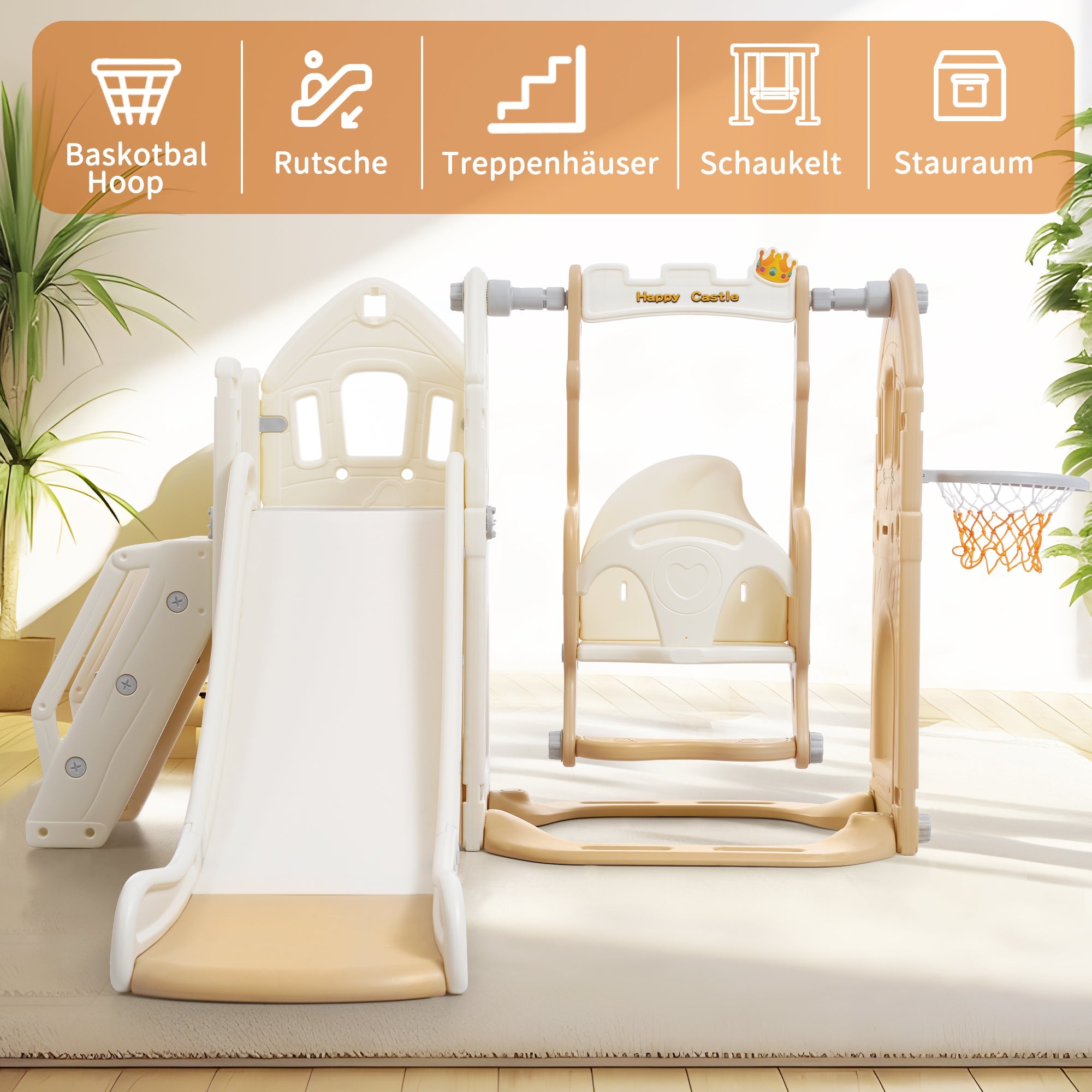 Logidon 5-in-1 kinderglijbaanset bruin wit indoorplezier
