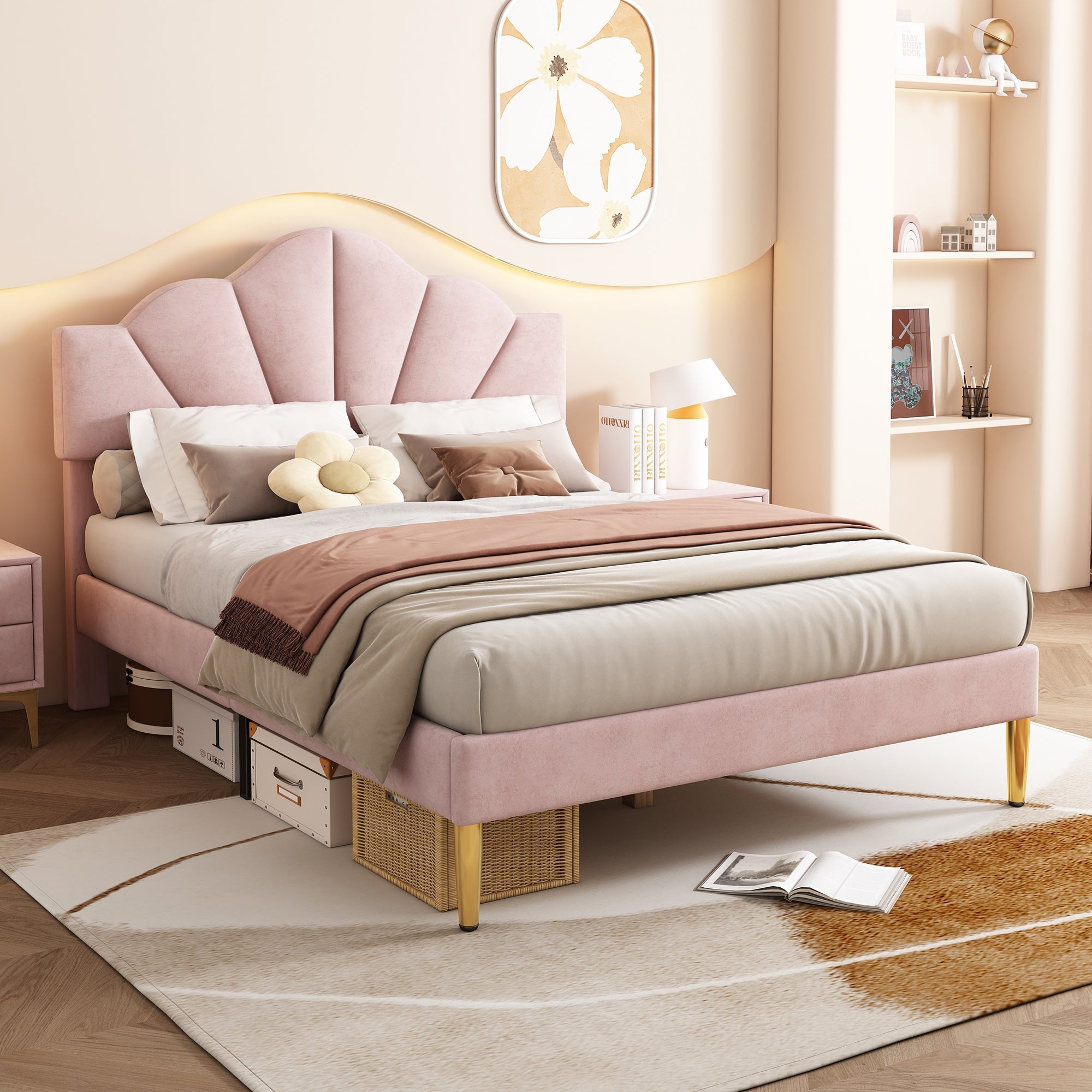 Logidon fluweel gestoffeerd bed roze 140x200 cm met schelpvormig hoofdbord