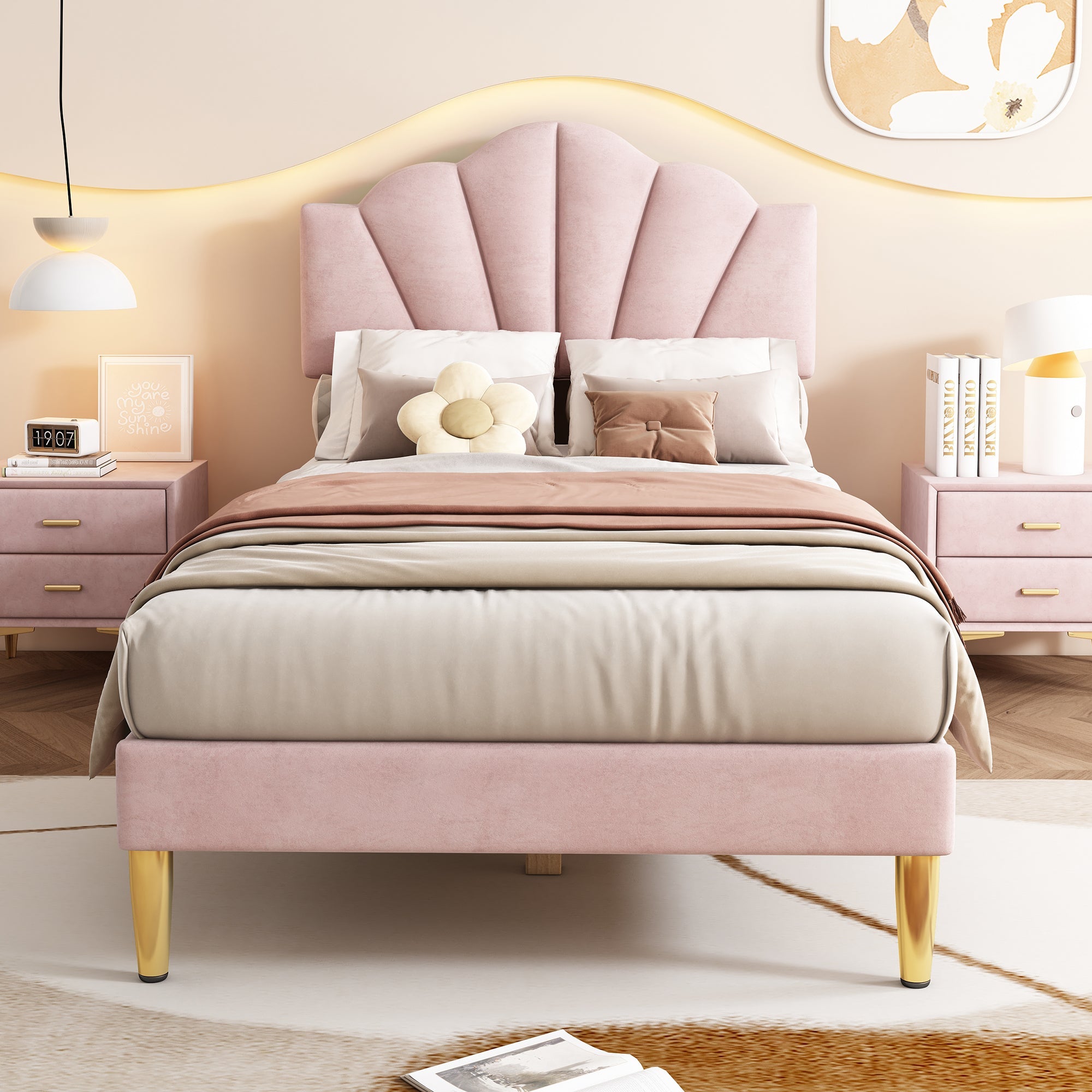 Logidon fluweel gestoffeerd bed 90x200 roze, verstelbaar hoofdeinde