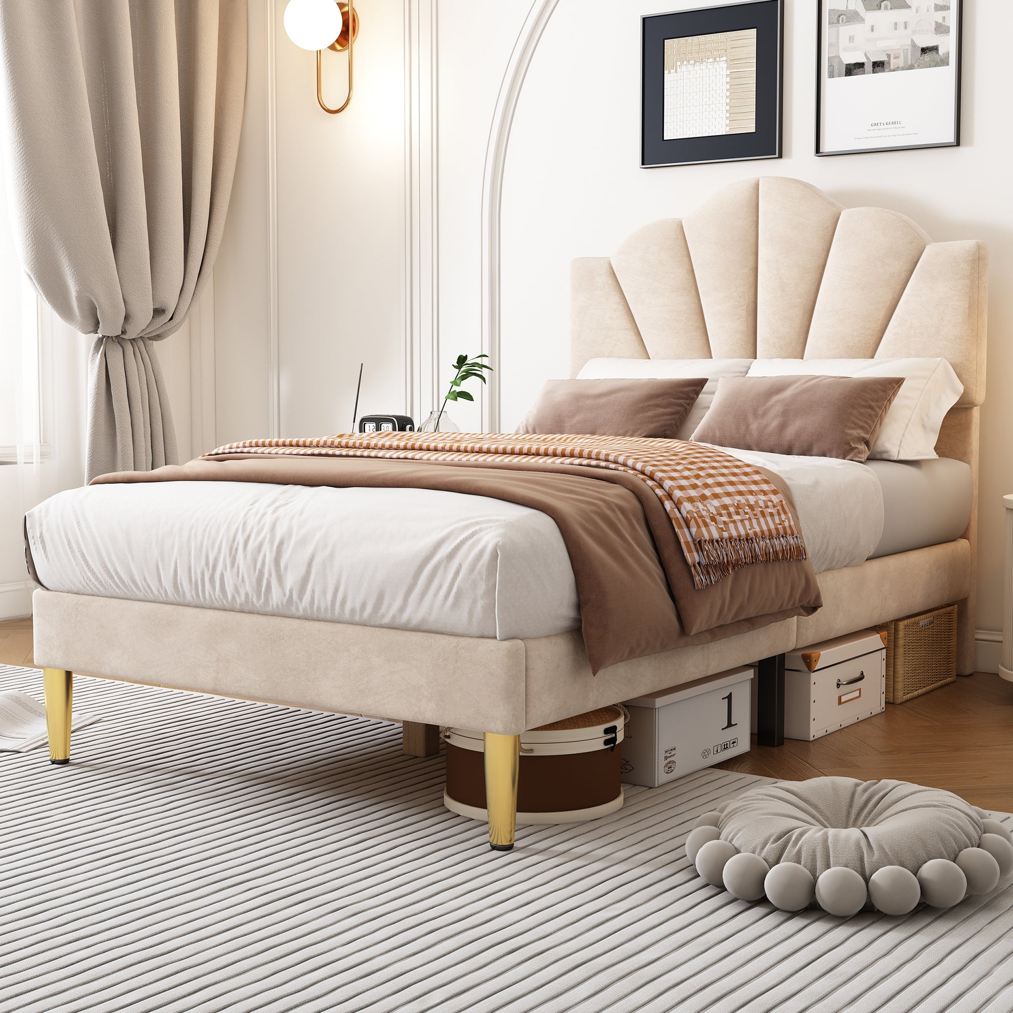 Logidon Velvet Bed 90x200 Beige Shell Shape Adjustable Headboard