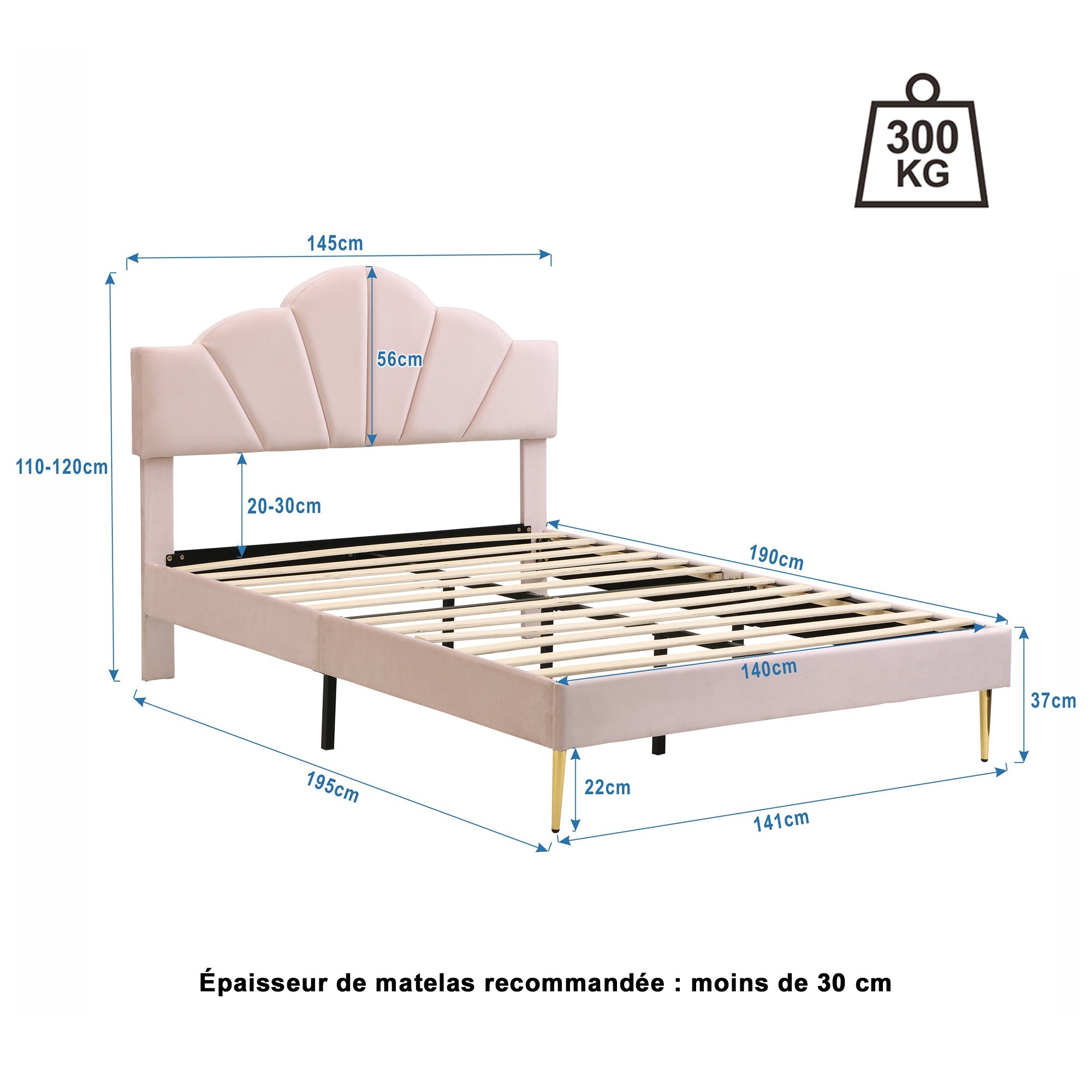 Logidon velours bed 140x190 cm roze - schelphoofdeinde, gouden poten