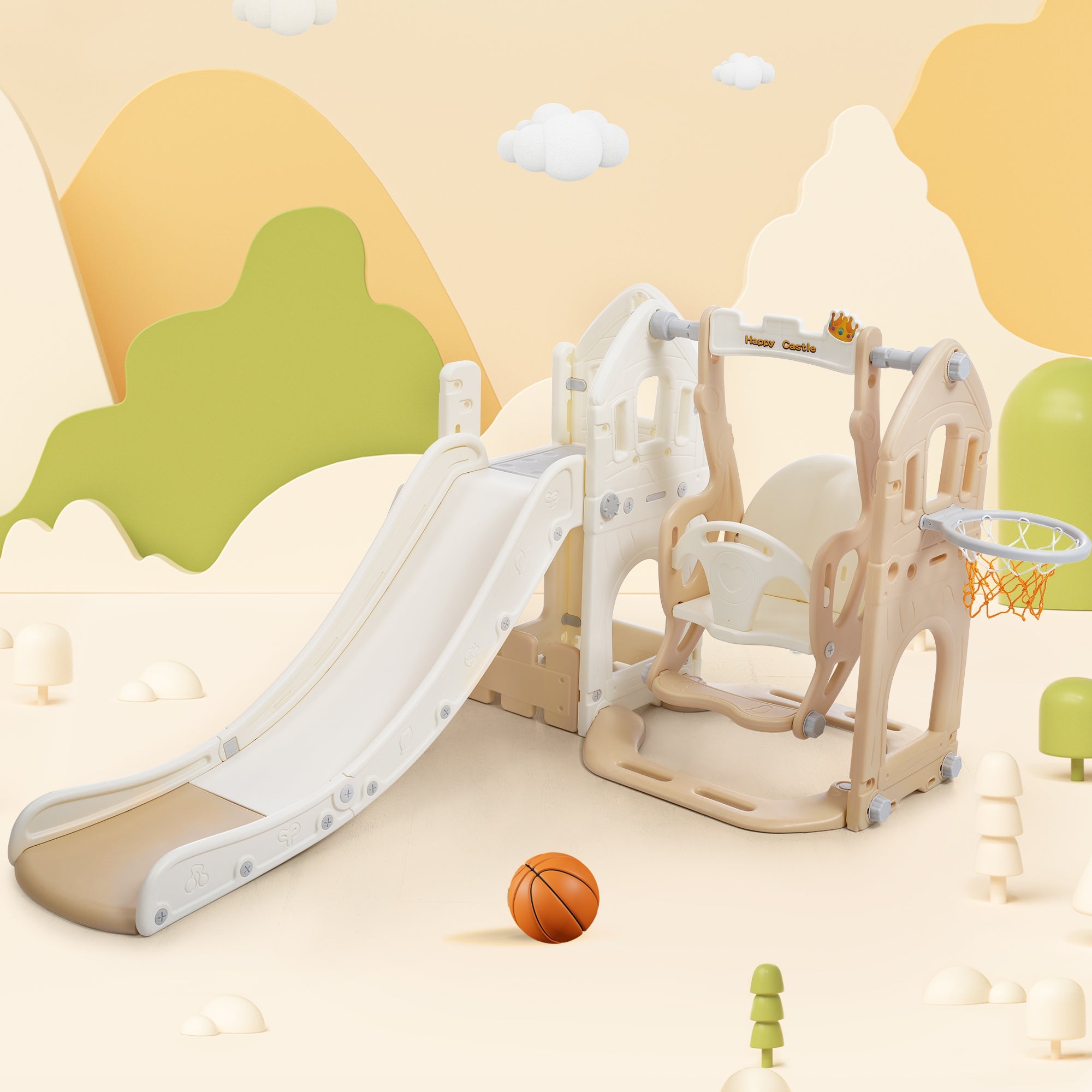 Logidon 5-in-1 kinderglijbaanset bruin wit indoorplezier