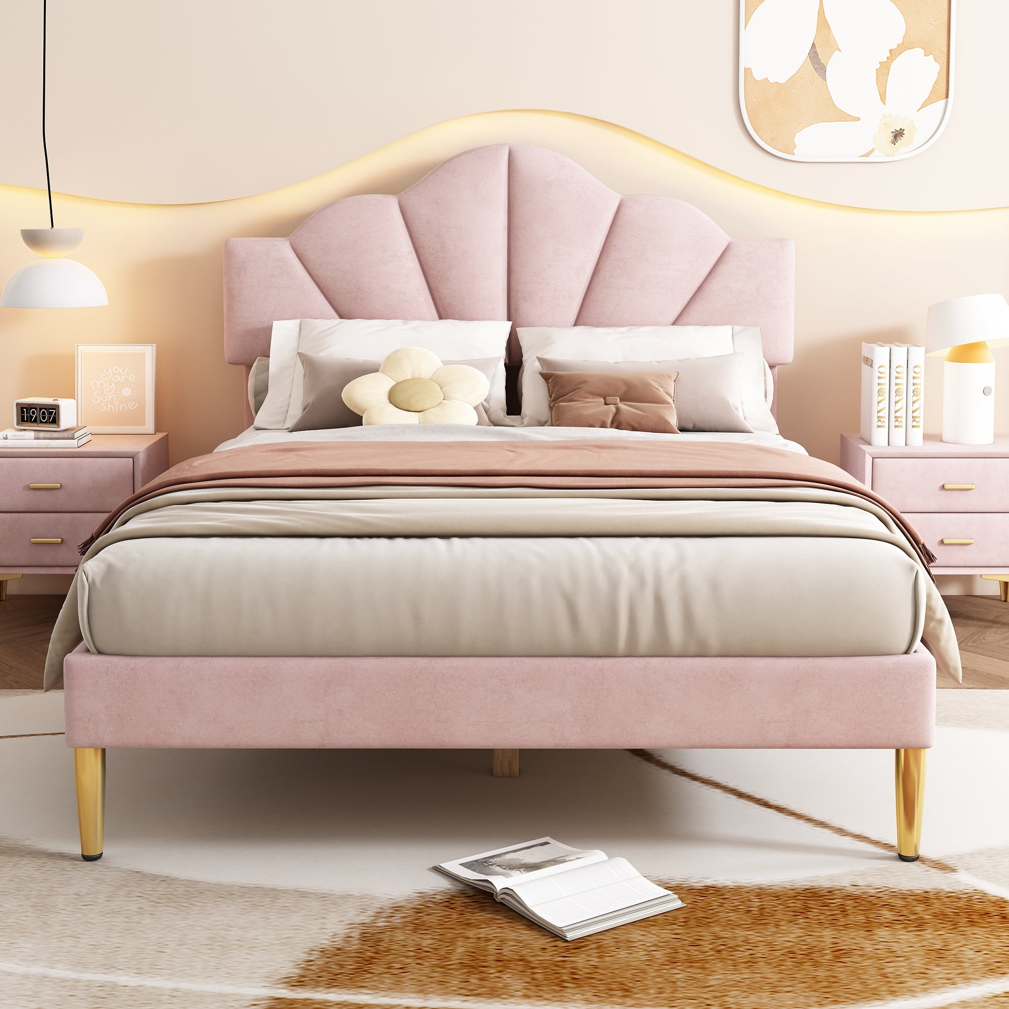 Logidon fluweel gestoffeerd bed roze 140x200 cm met schelpvormig hoofdbord