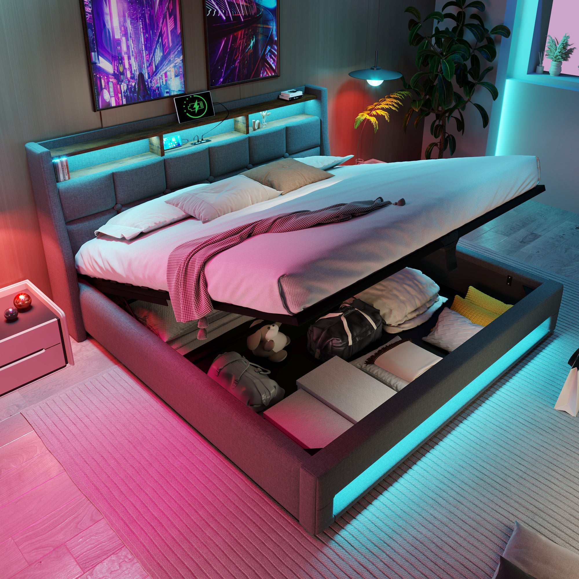 Logidon gestoffeerd bed 140x200 cm grijs met USB en LED-verlichting