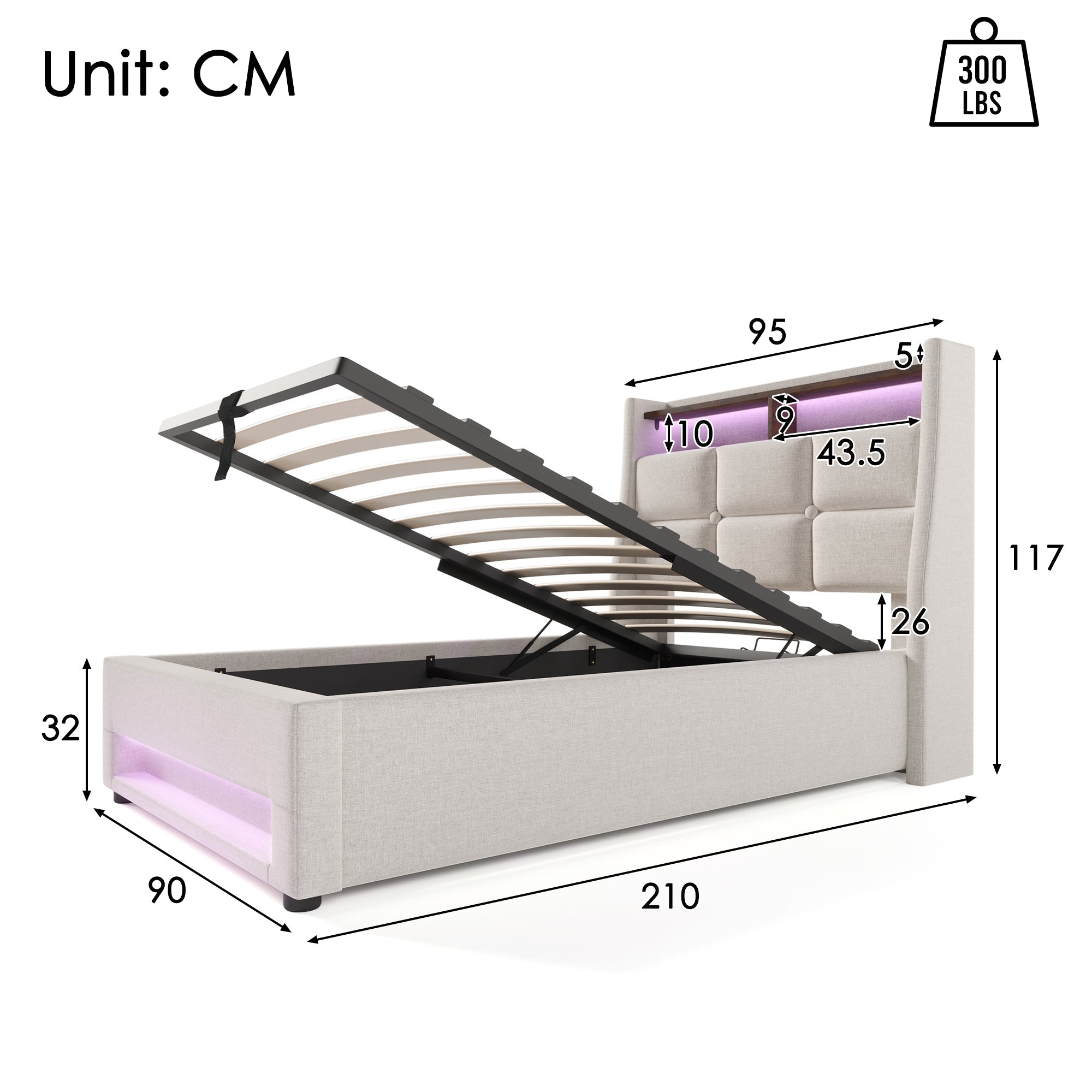 Logidon gestoffeerd bed met USB en LED 90x200 beige linnen bedframe