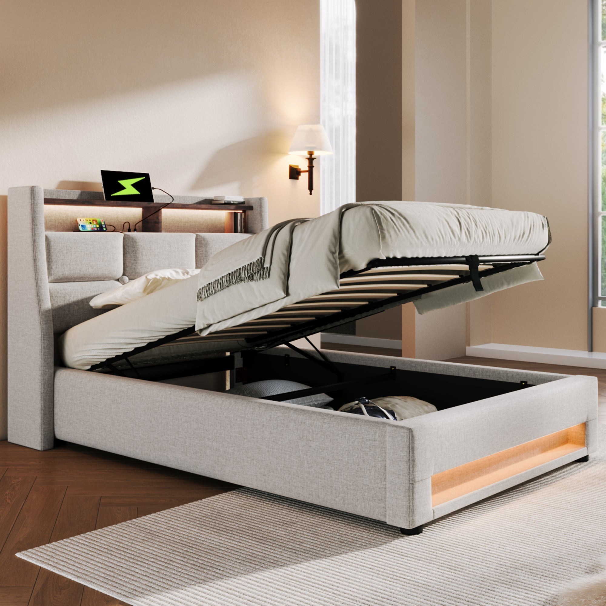 Logidon gestoffeerd bed met USB en LED 90x200 beige linnen bedframe