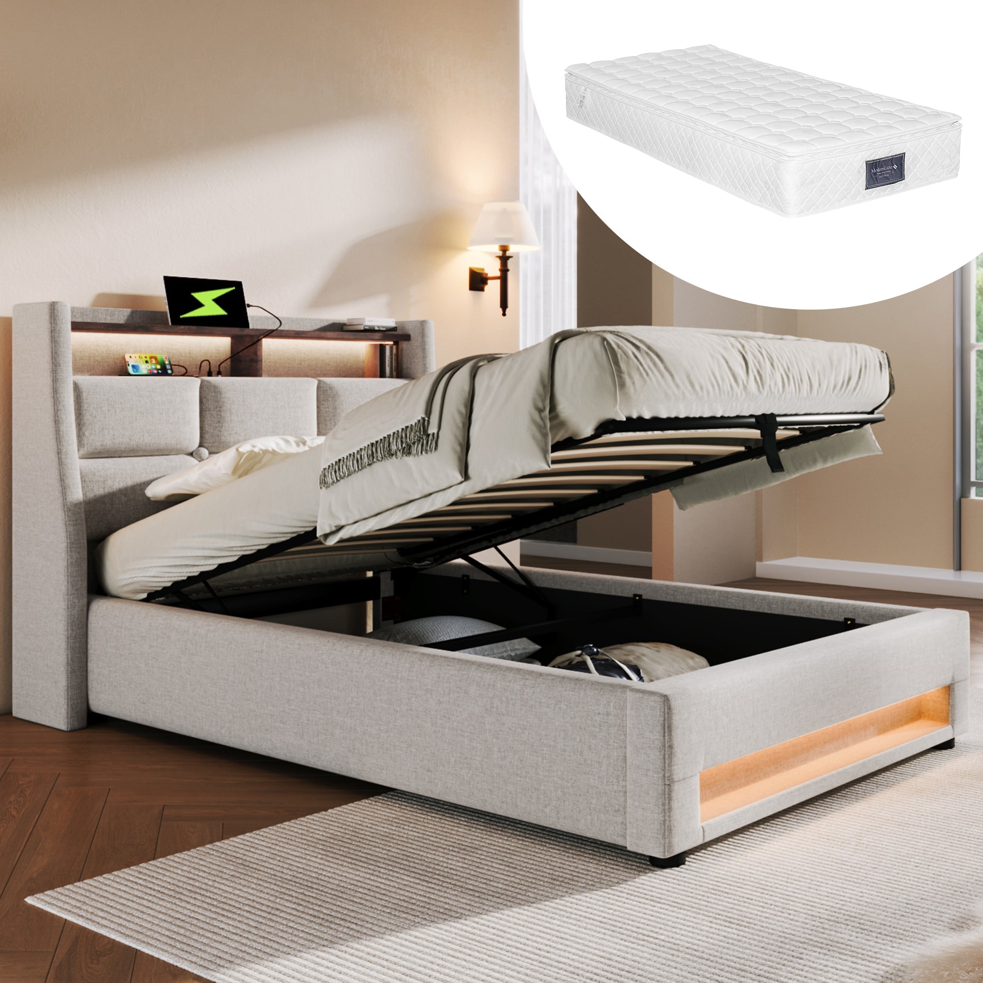 Logidon gestoffeerd bed met USB en LED 90x200 beige linnen bedframe