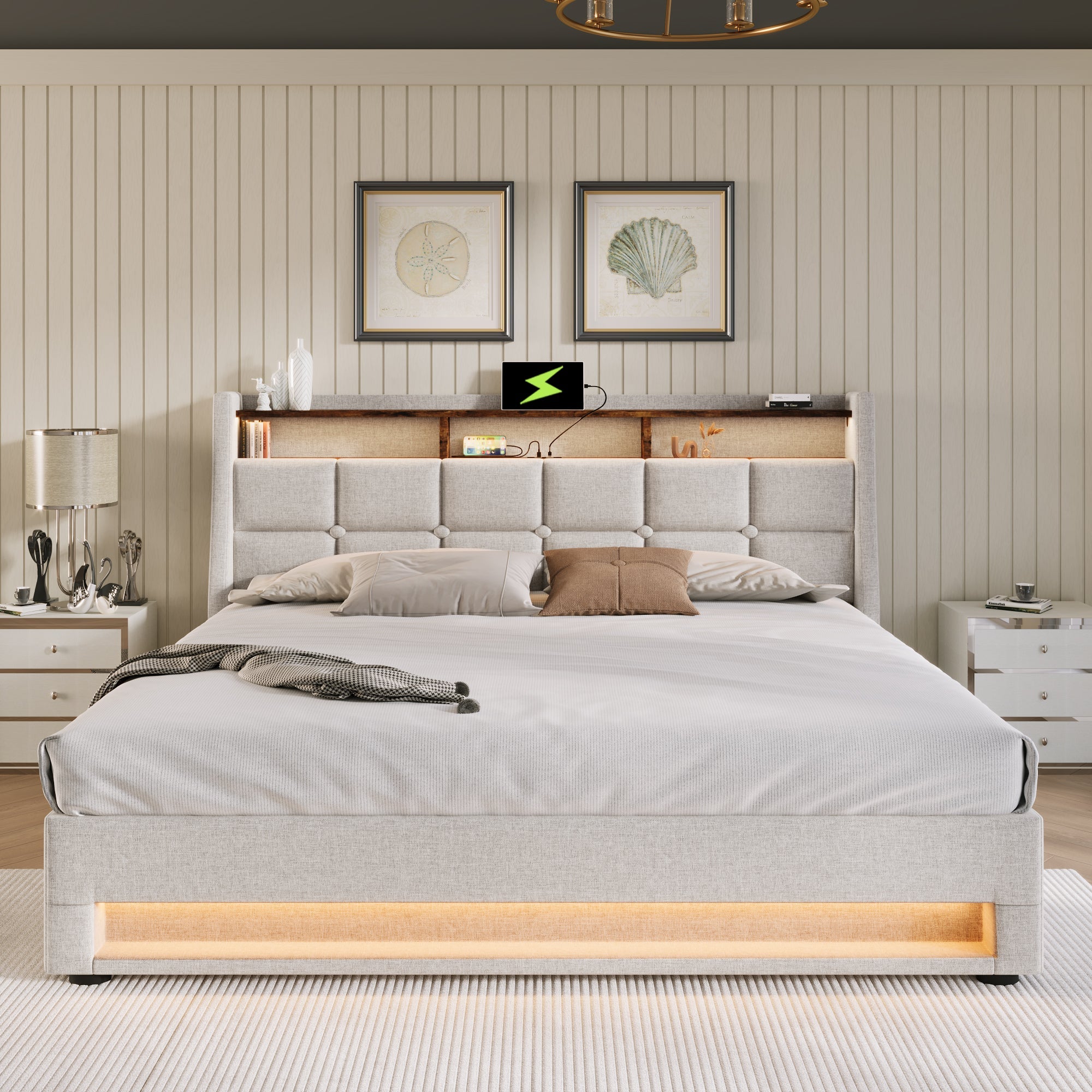 Logidon gestoffeerd bed 140x200 beige met USB LED verlichting