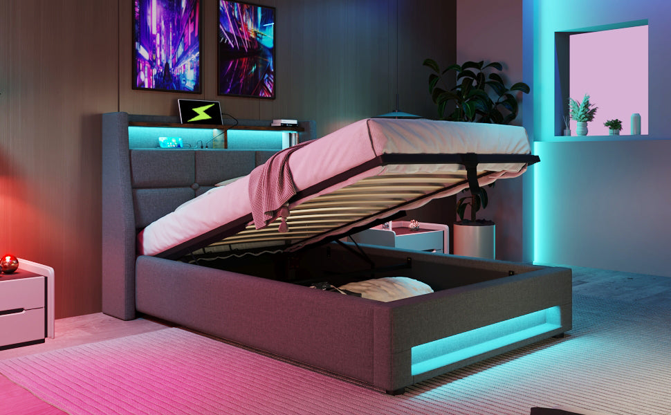 Logidon gestoffeerd bed 90x200 cm met LED USB linnen grijze matras