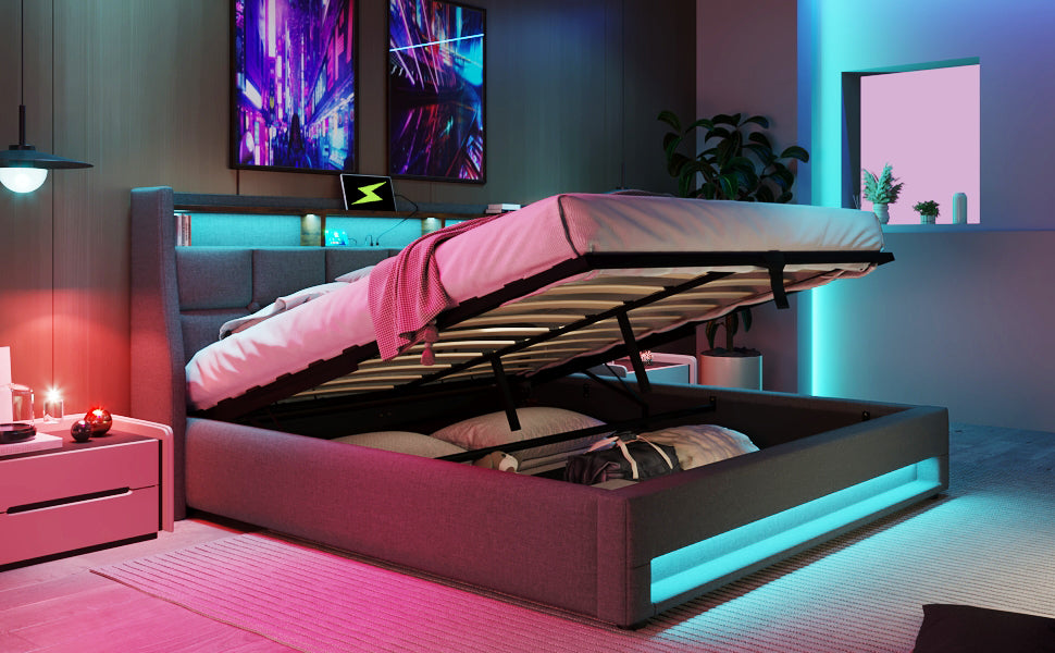 Logidon gestoffeerd bed 140x200 cm grijs met USB en LED-verlichting