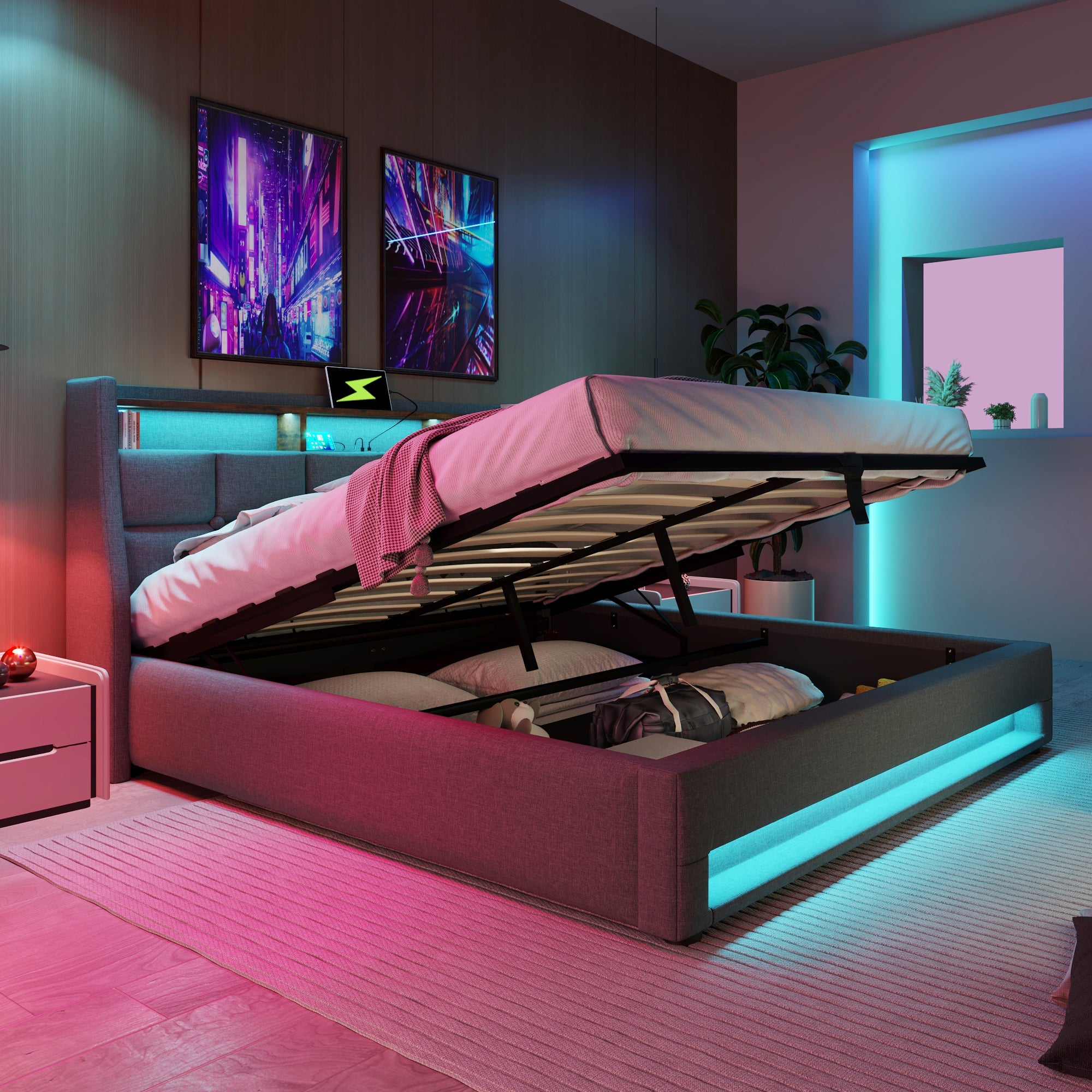 Logidon gestoffeerd bed met USB en LED 180x200 cm grijs linnen
