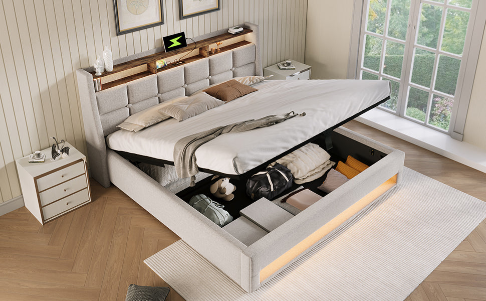 Logidon gestoffeerd bed 140x200 beige met USB LED verlichting