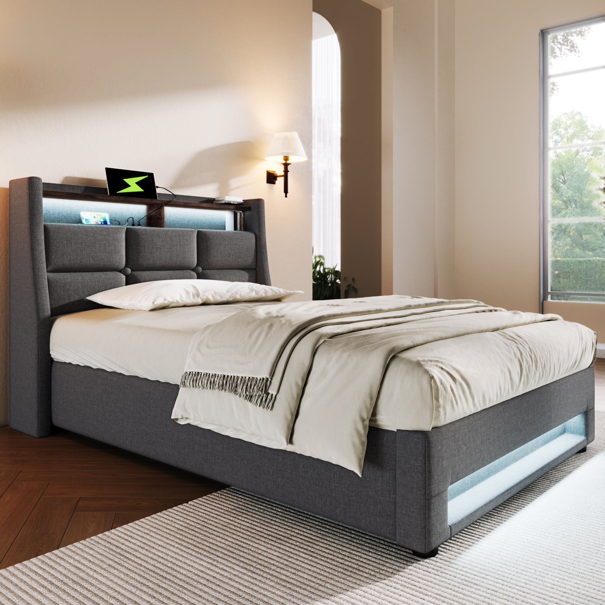 Logidon gestoffeerd bed 90x200 cm met LED USB linnen grijze matras