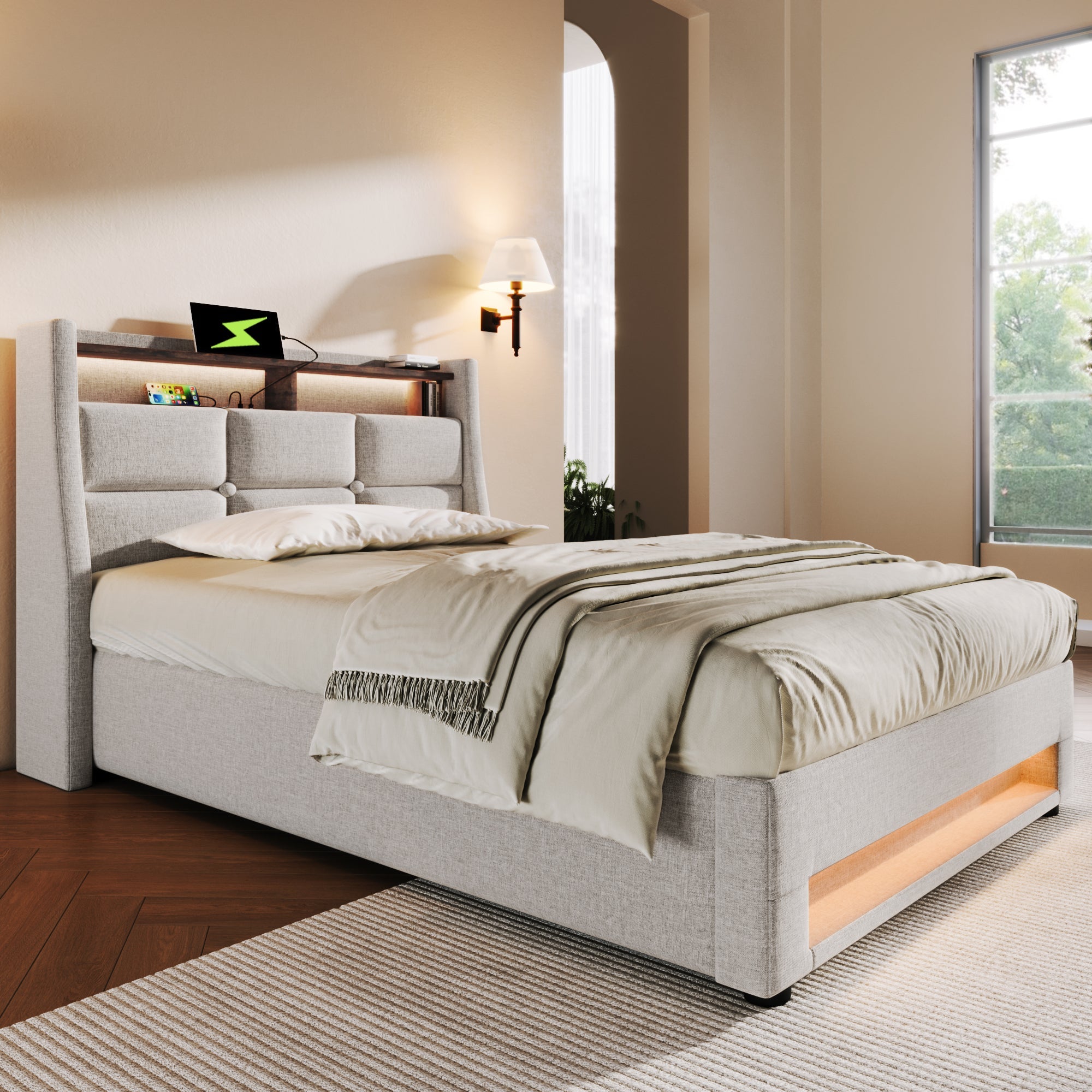 Logidon gestoffeerd bed met USB en LED 90x200 beige linnen bedframe