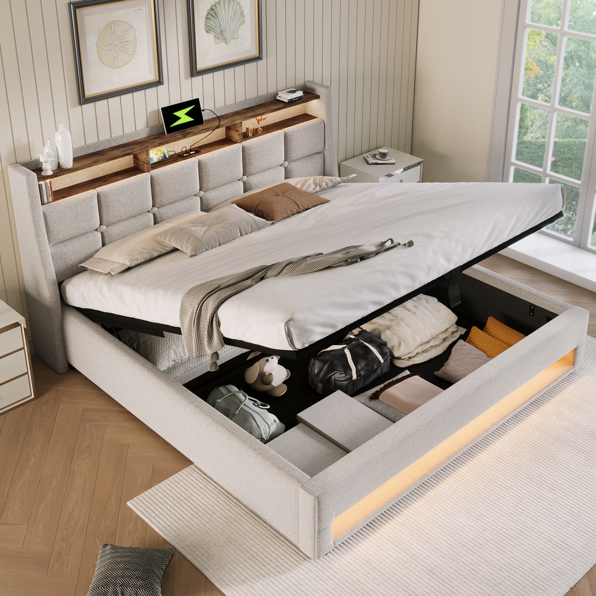 Logidon gestoffeerd bed 180x200 beige met USB en LED hoofdbord