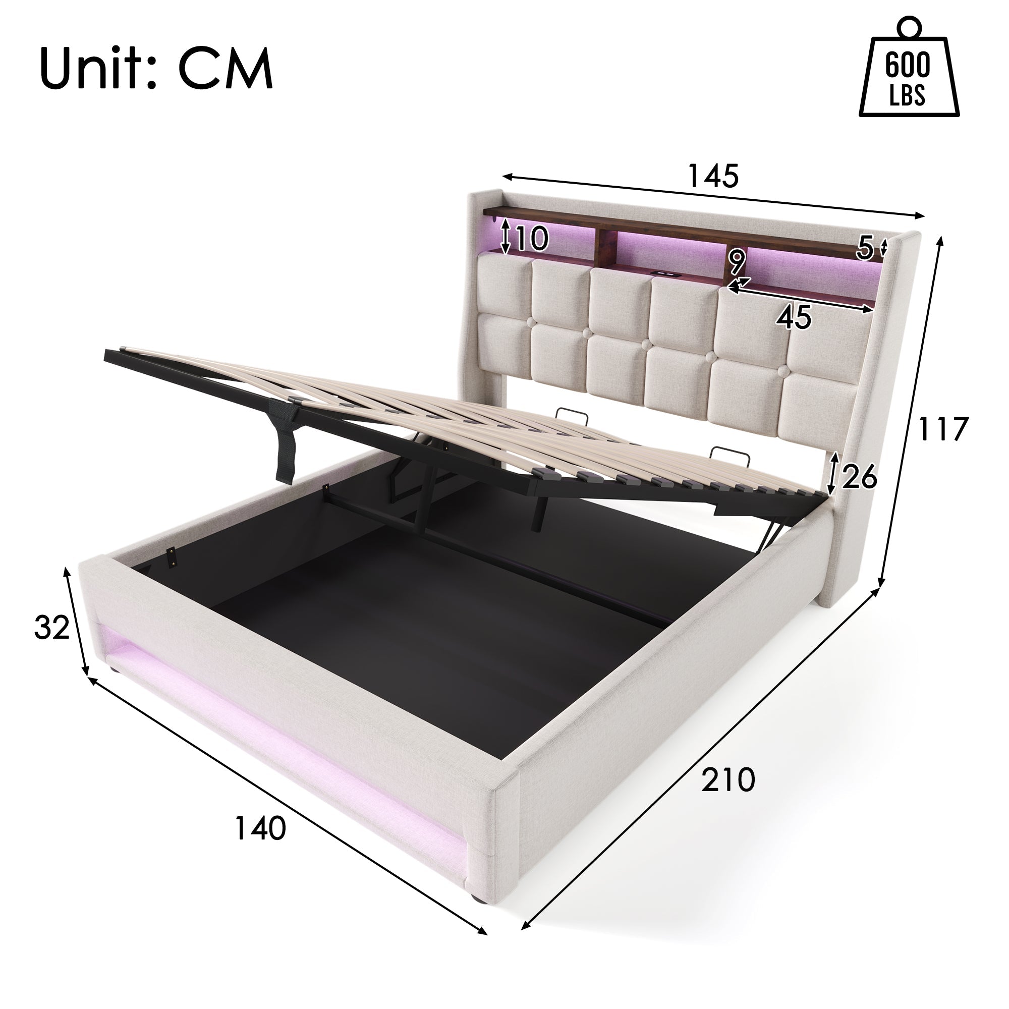 Logidon gestoffeerd bed 140x200 beige met USB LED verlichting