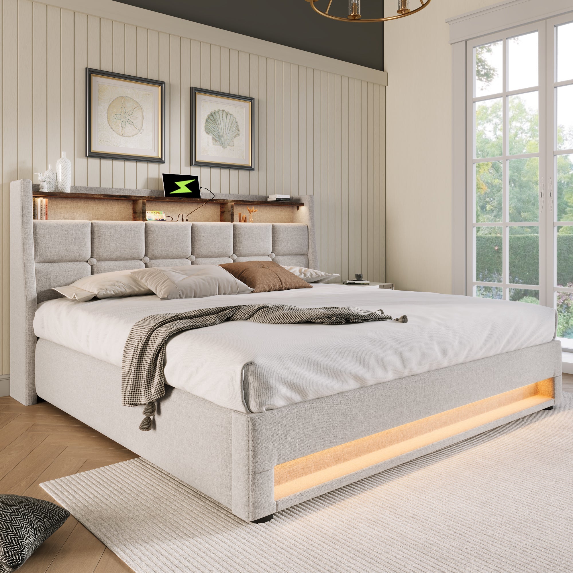 Logidon gestoffeerd bed 160x200cm met USB en LED beige linnen