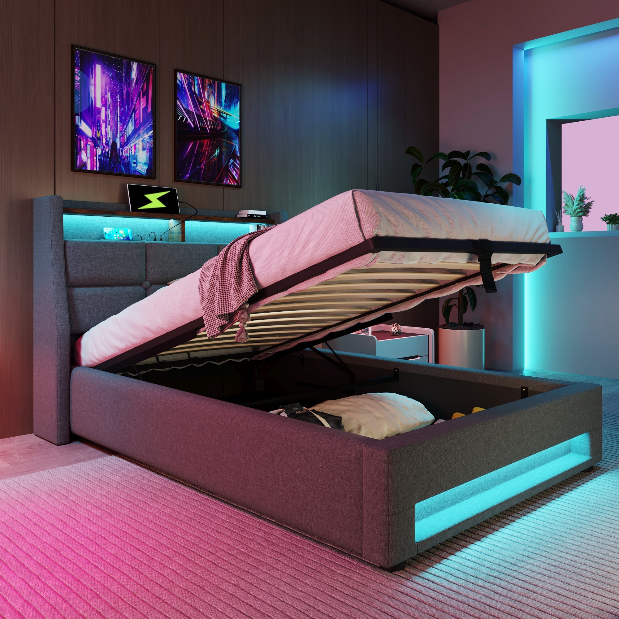 Logidon gestoffeerd bed 90x200 cm met LED USB linnen grijze matras