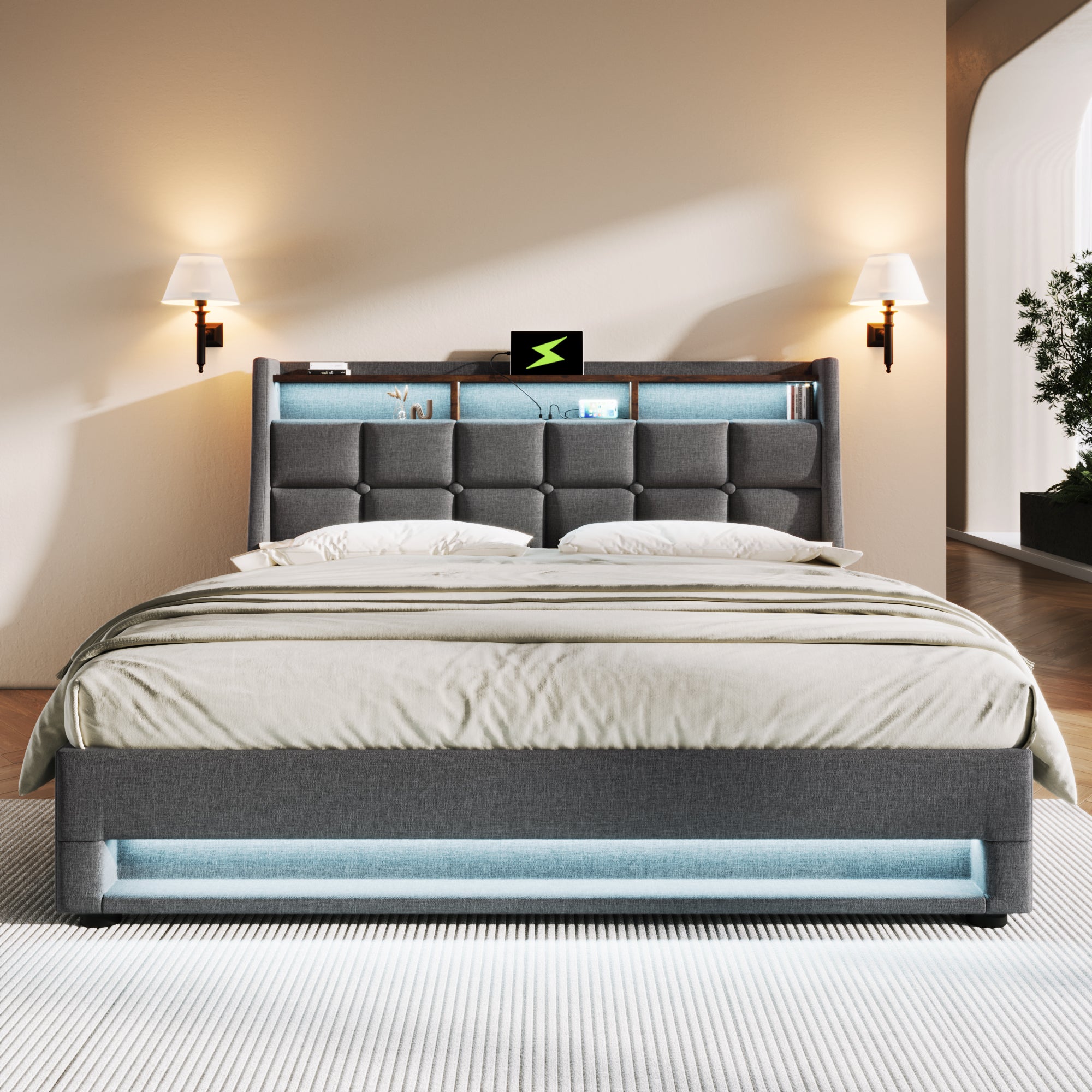 Logidon gestoffeerd bed USB 140x200cm LED grijs linnen met matras
