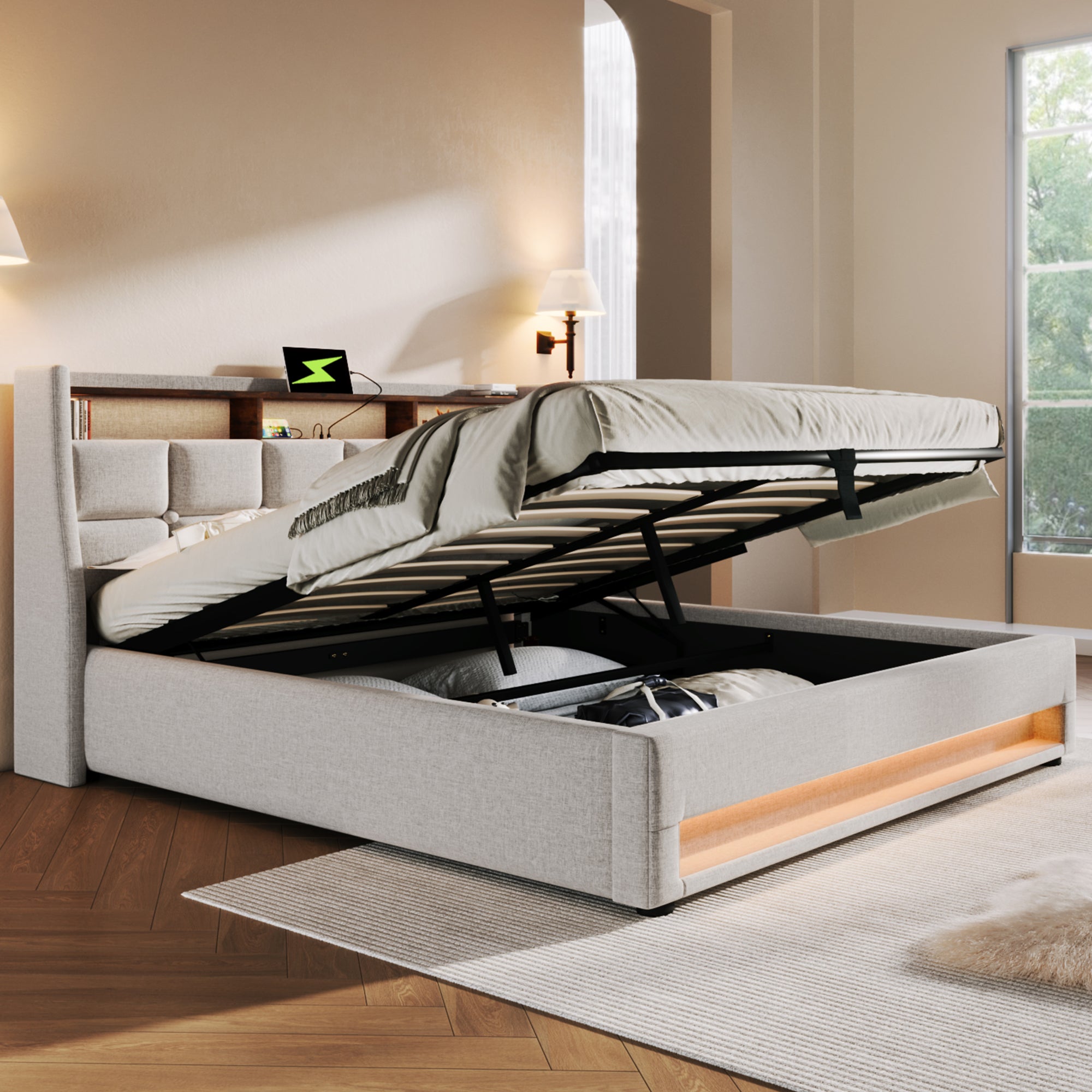 Logidon gestoffeerd bed 180x200 beige met USB en LED hoofdbord