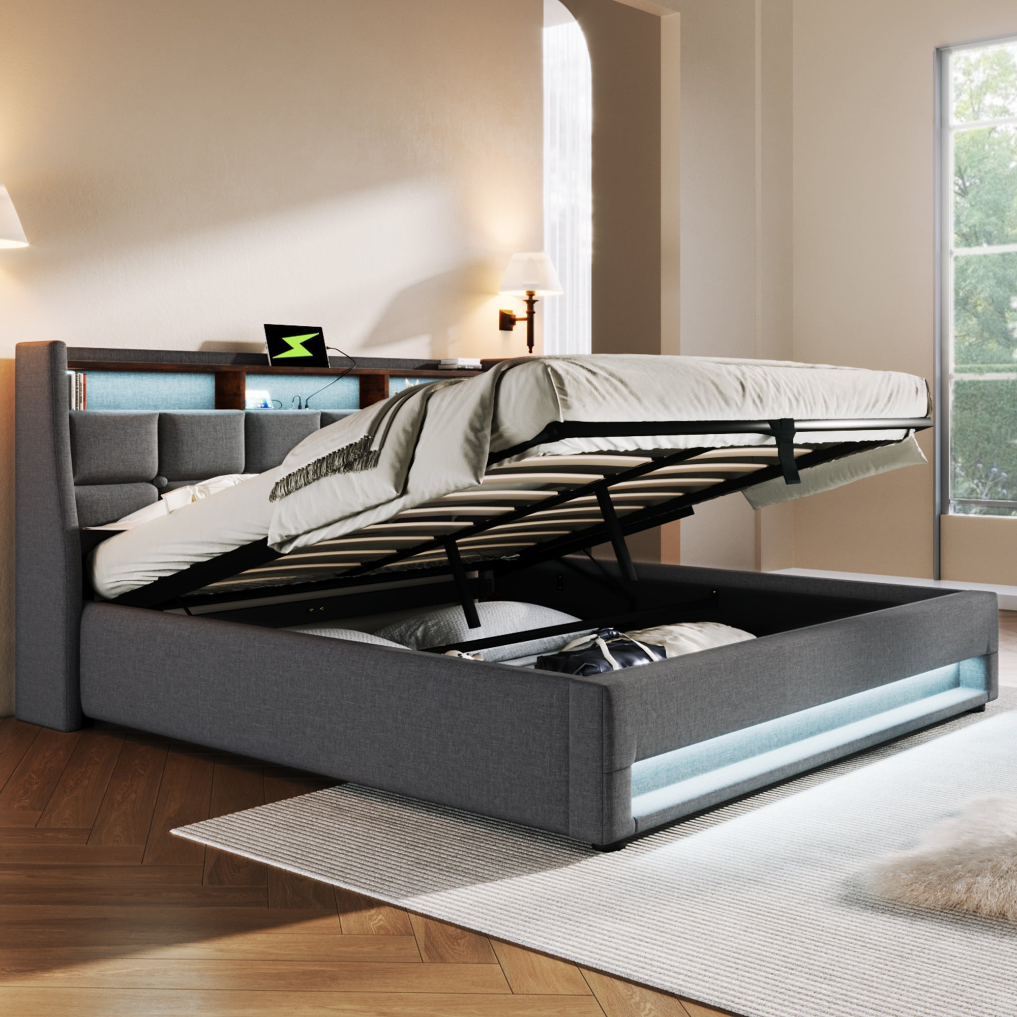 Logidon gestoffeerd bed USB 140x200cm LED grijs linnen met matras