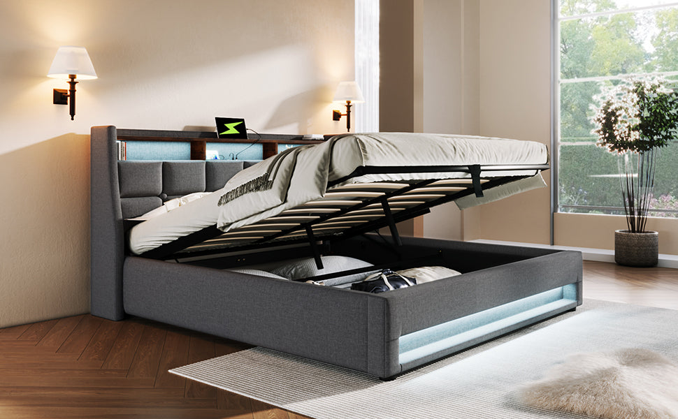 Logidon gestoffeerd bed met USB en LED 180x200 cm grijs linnen