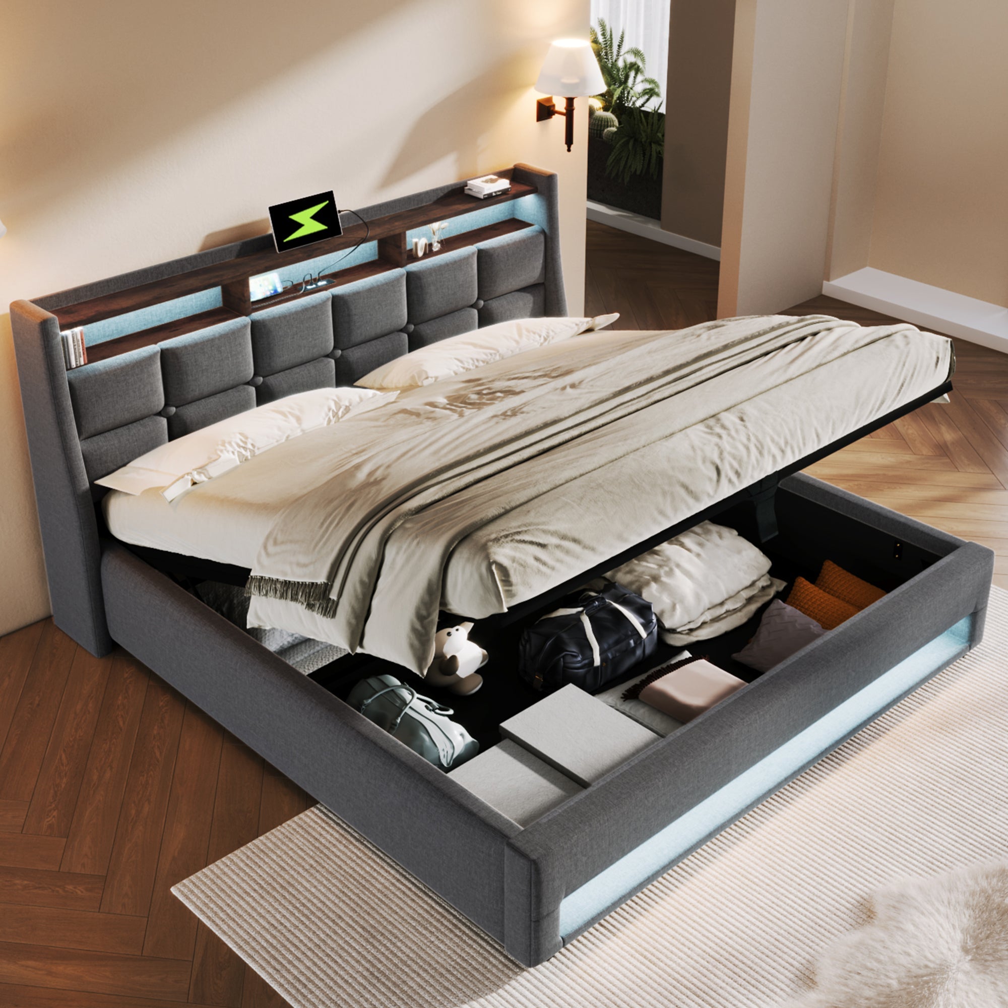 Logidon gestoffeerd bed USB 140x200cm LED grijs linnen met matras