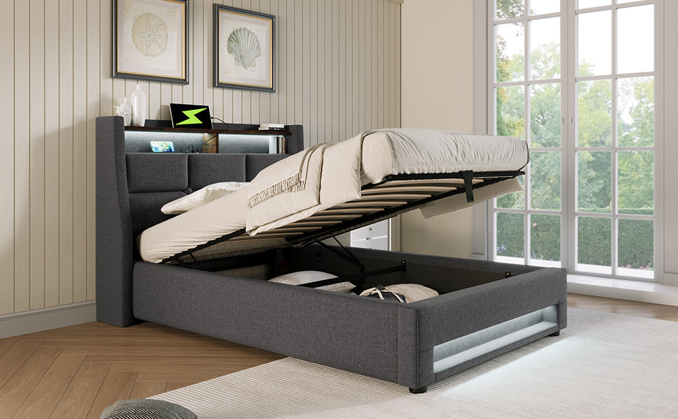 Logidon gestoffeerd bed 90x200 cm met LED USB linnen grijze matras