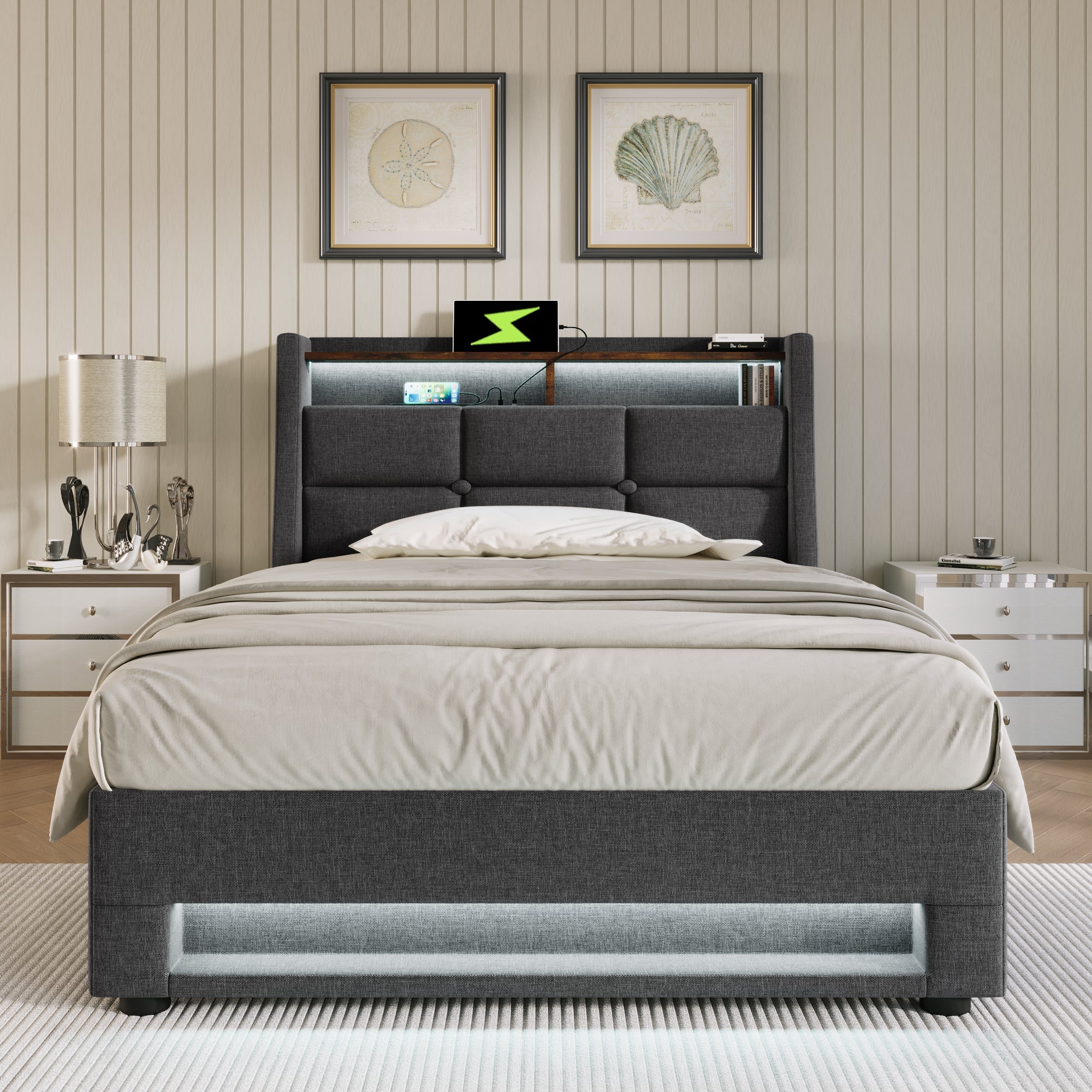 Logidon gestoffeerd bed 90x200 cm met LED USB linnen grijze matras