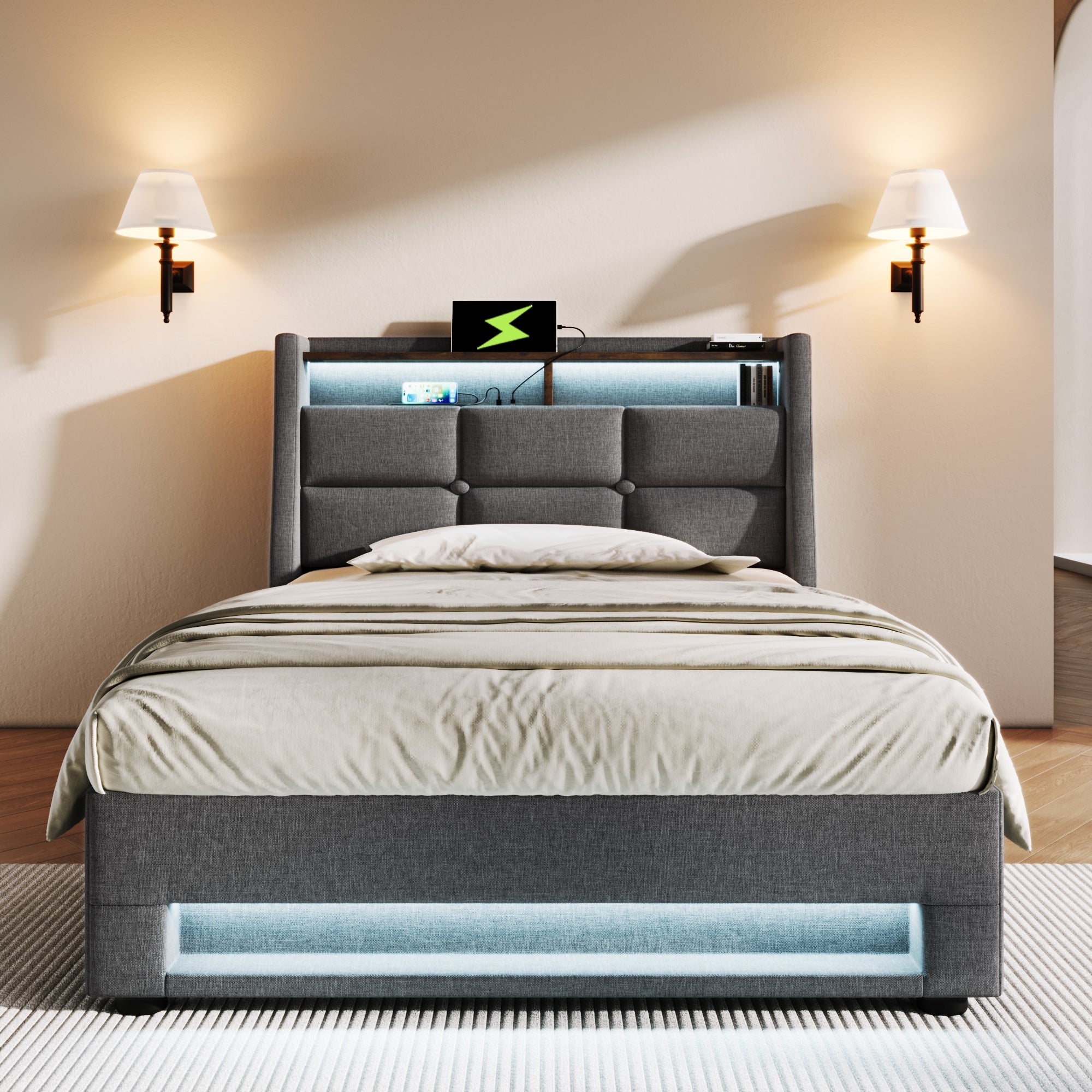 Logidon gestoffeerd bed 90x200 cm met LED USB linnen grijze matras