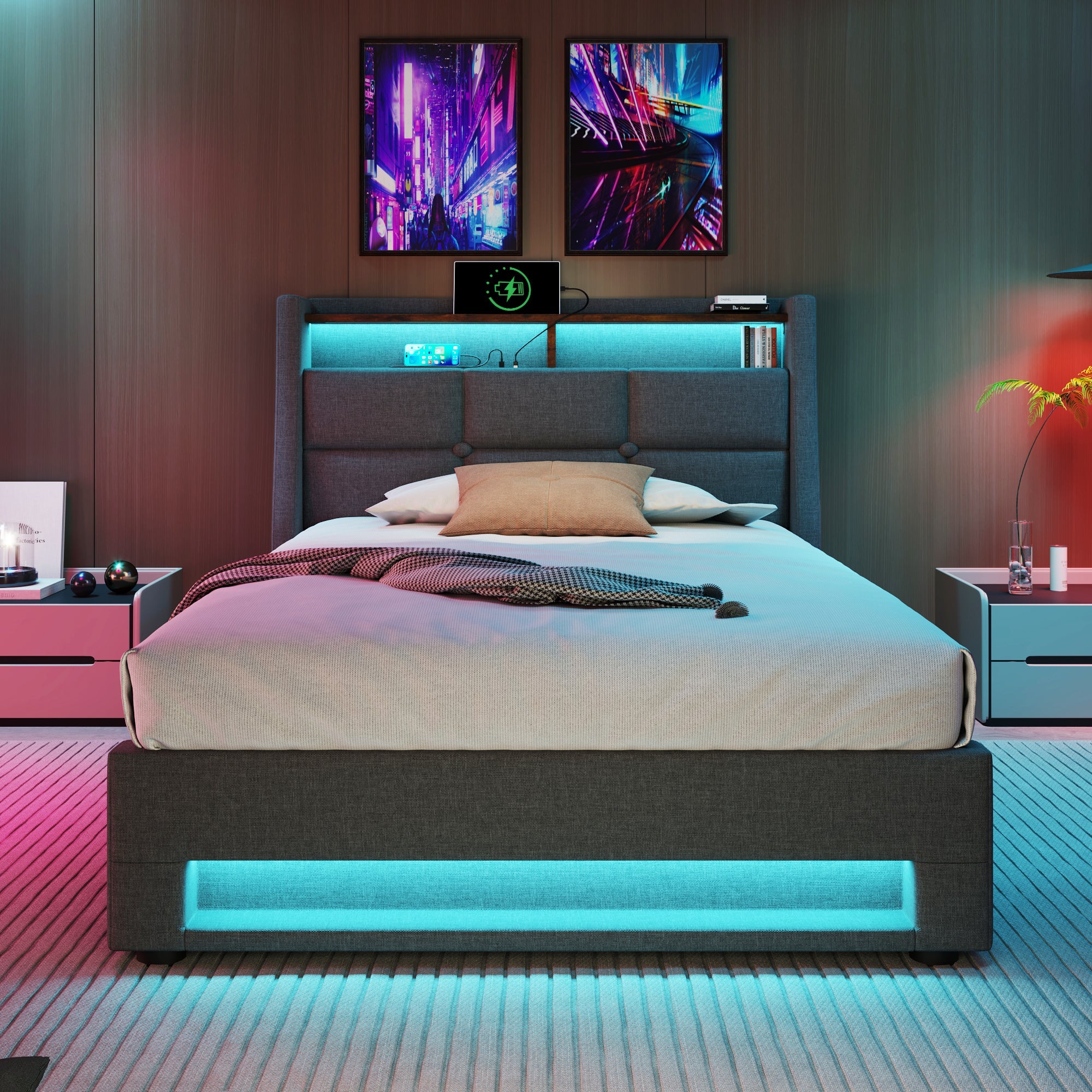 Logidon gestoffeerd bed 90x200 grijs met USB en LED-verlichting