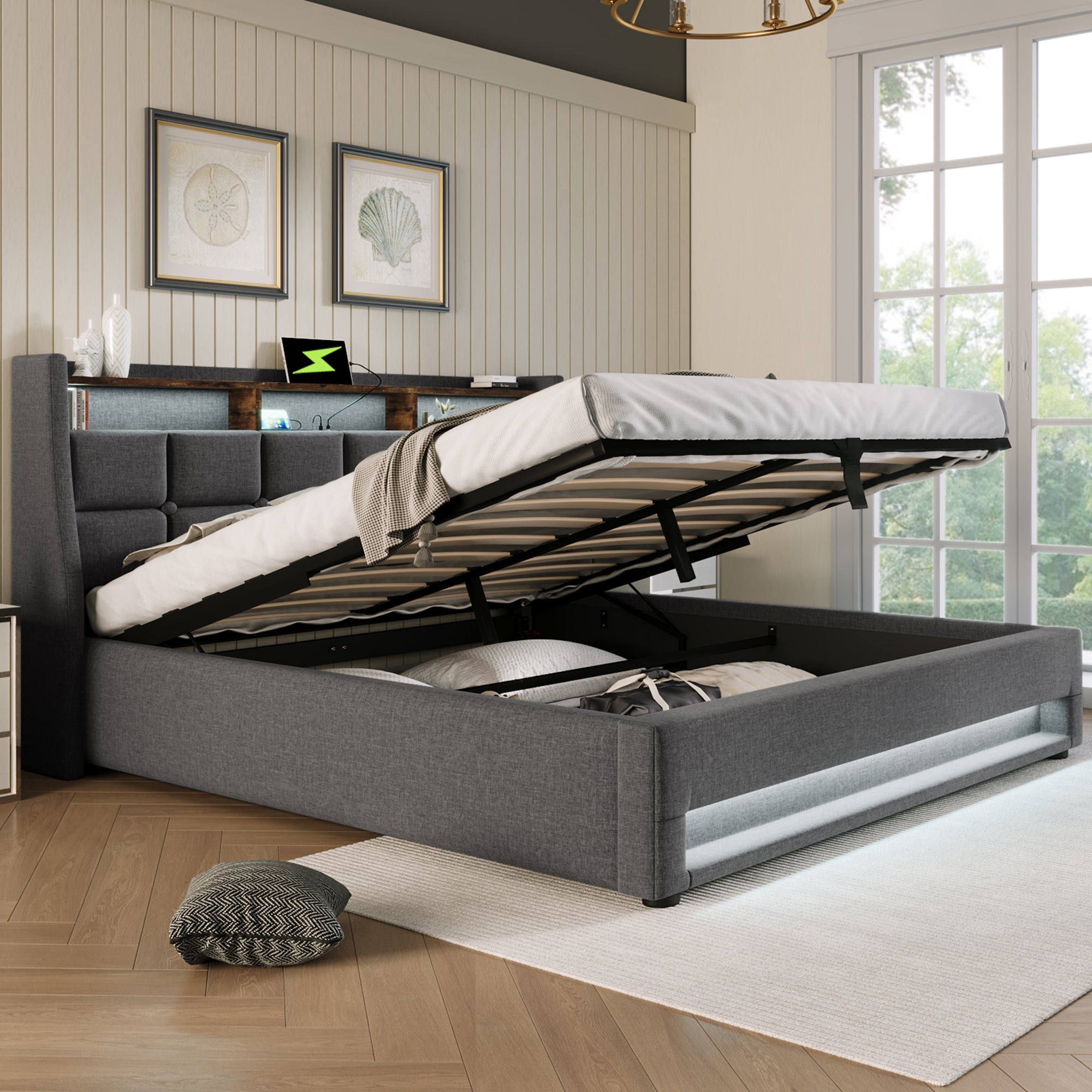 Logidon gestoffeerd bed USB 140x200cm LED grijs linnen met matras