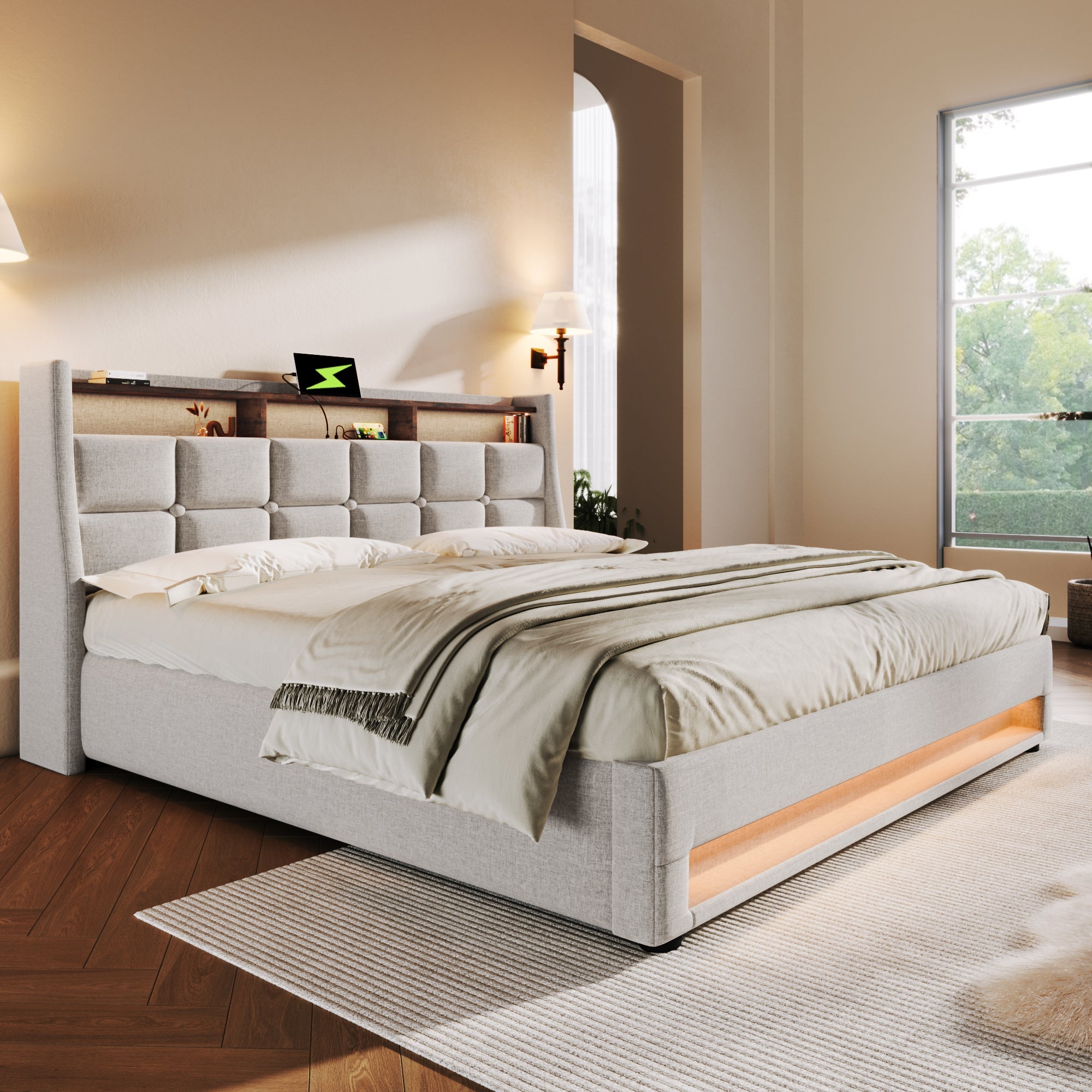 Logidon gestoffeerd bed 180x200 beige met USB en LED hoofdbord