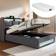 Logidon gestoffeerd bed 90x200 cm met LED USB linnen grijze matras